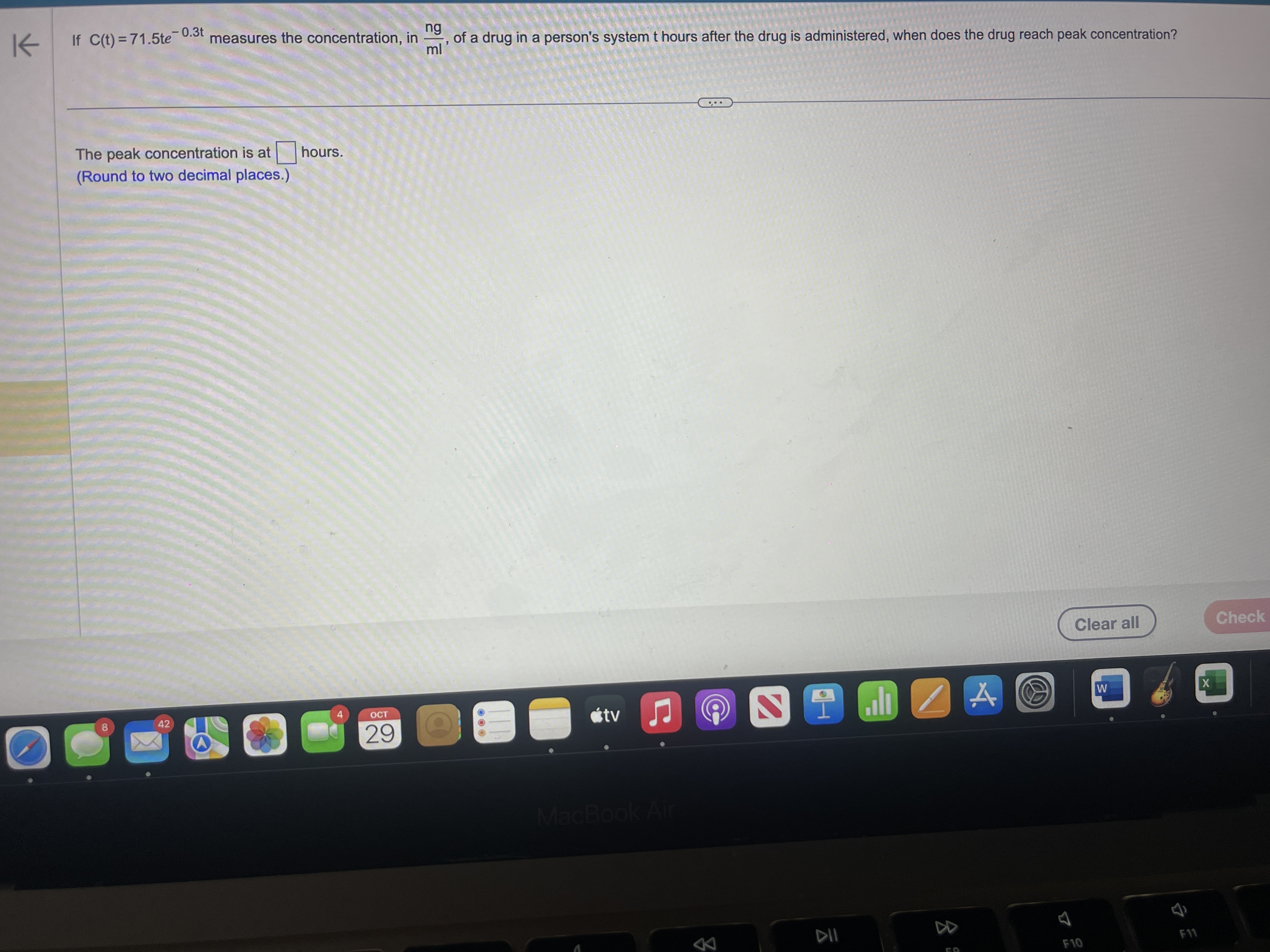 If C(t ) = 71.5te-03 measures the concentration, in , of
