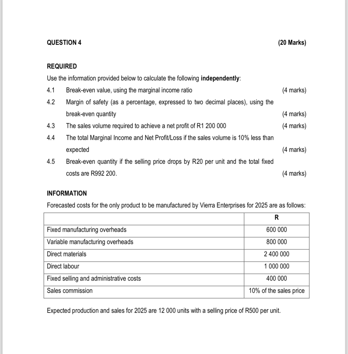 calculate the following independently: 4.1 Break-even value, using the marginal income ratio