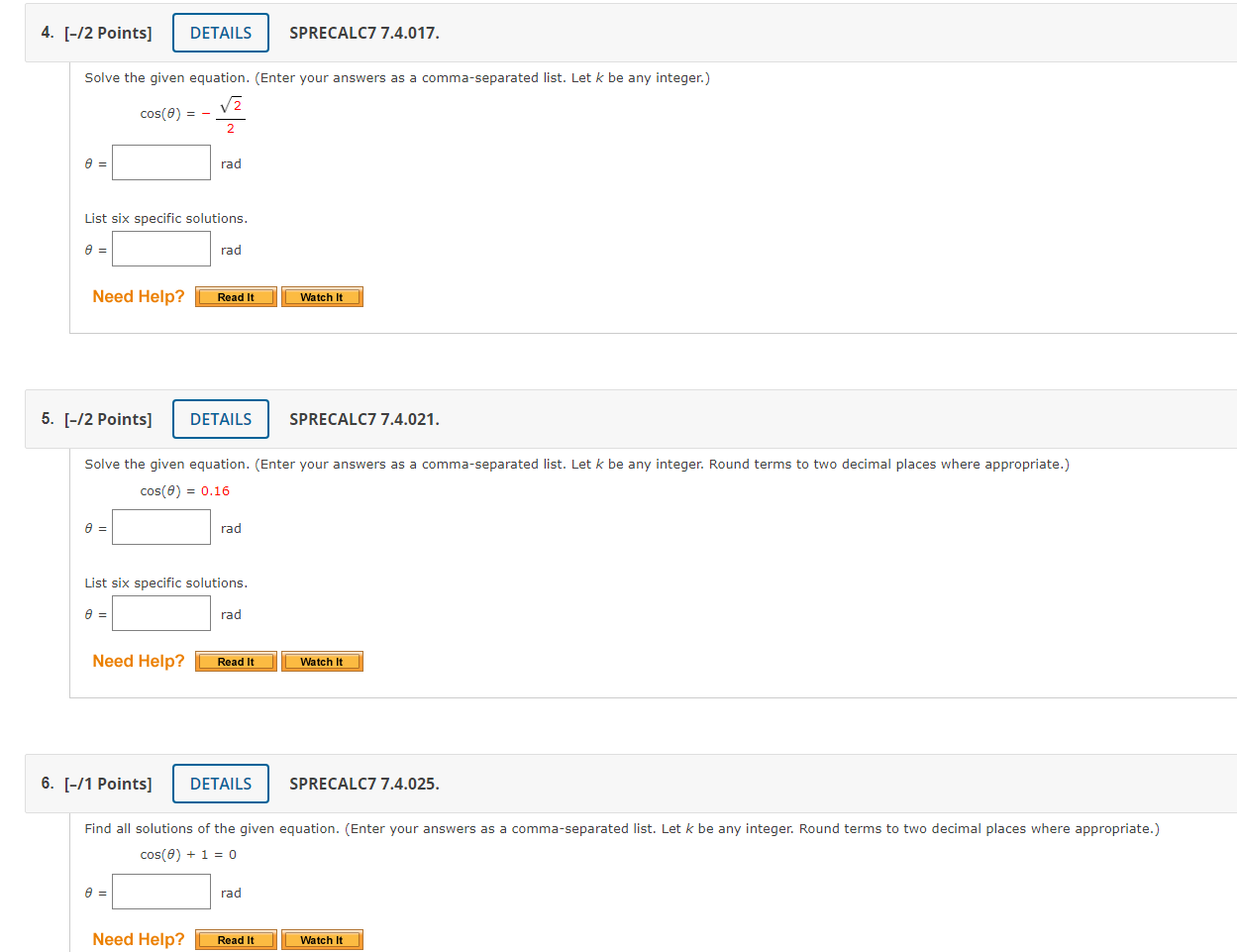 rad Need Help? 3. [-H Points] DETAILS SPRECALCI'r 7.4.013. Solve the given