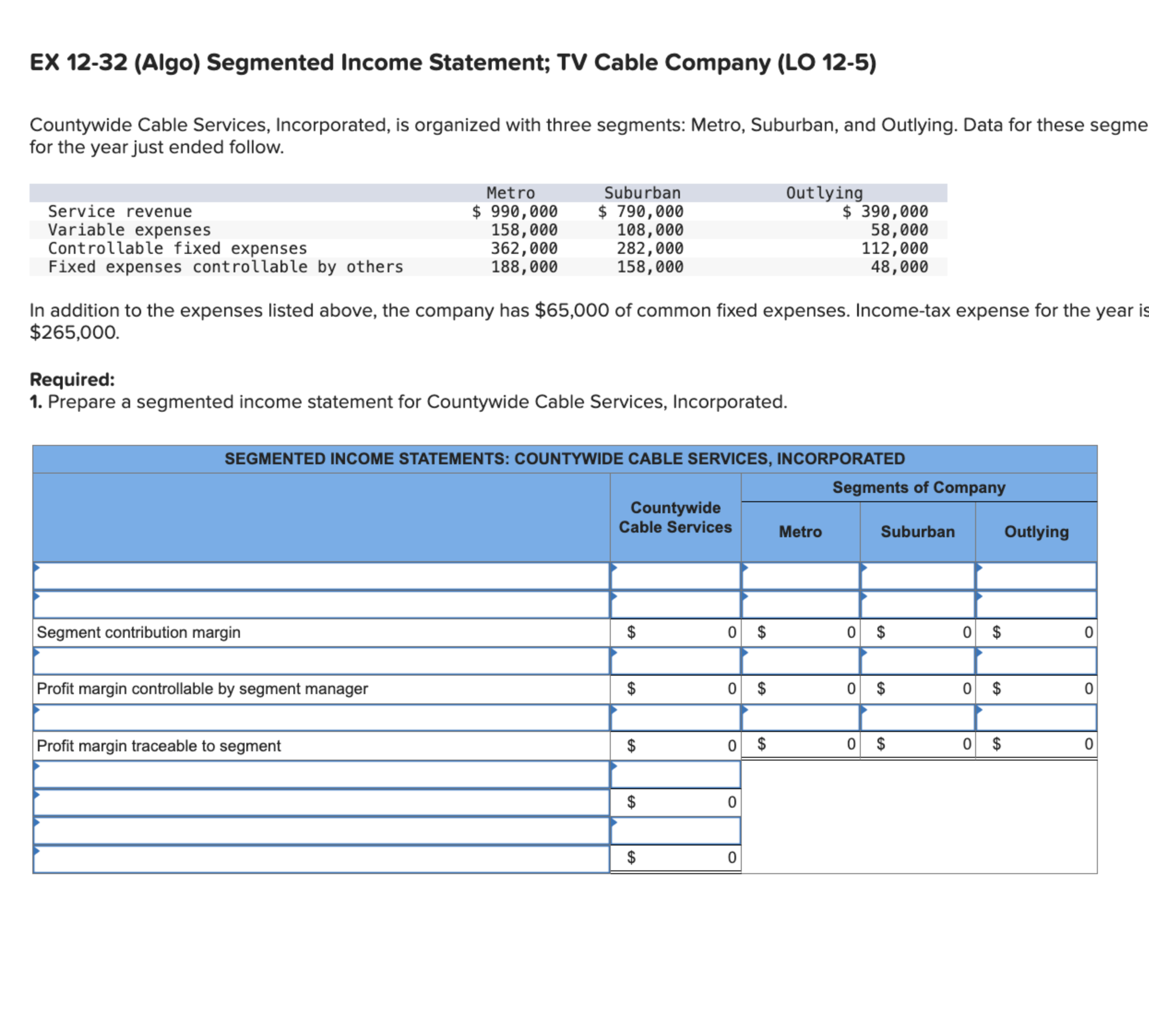 Cable Services, Incorporated, is organized with three segments: Metro, Suburban, and Outlying.
