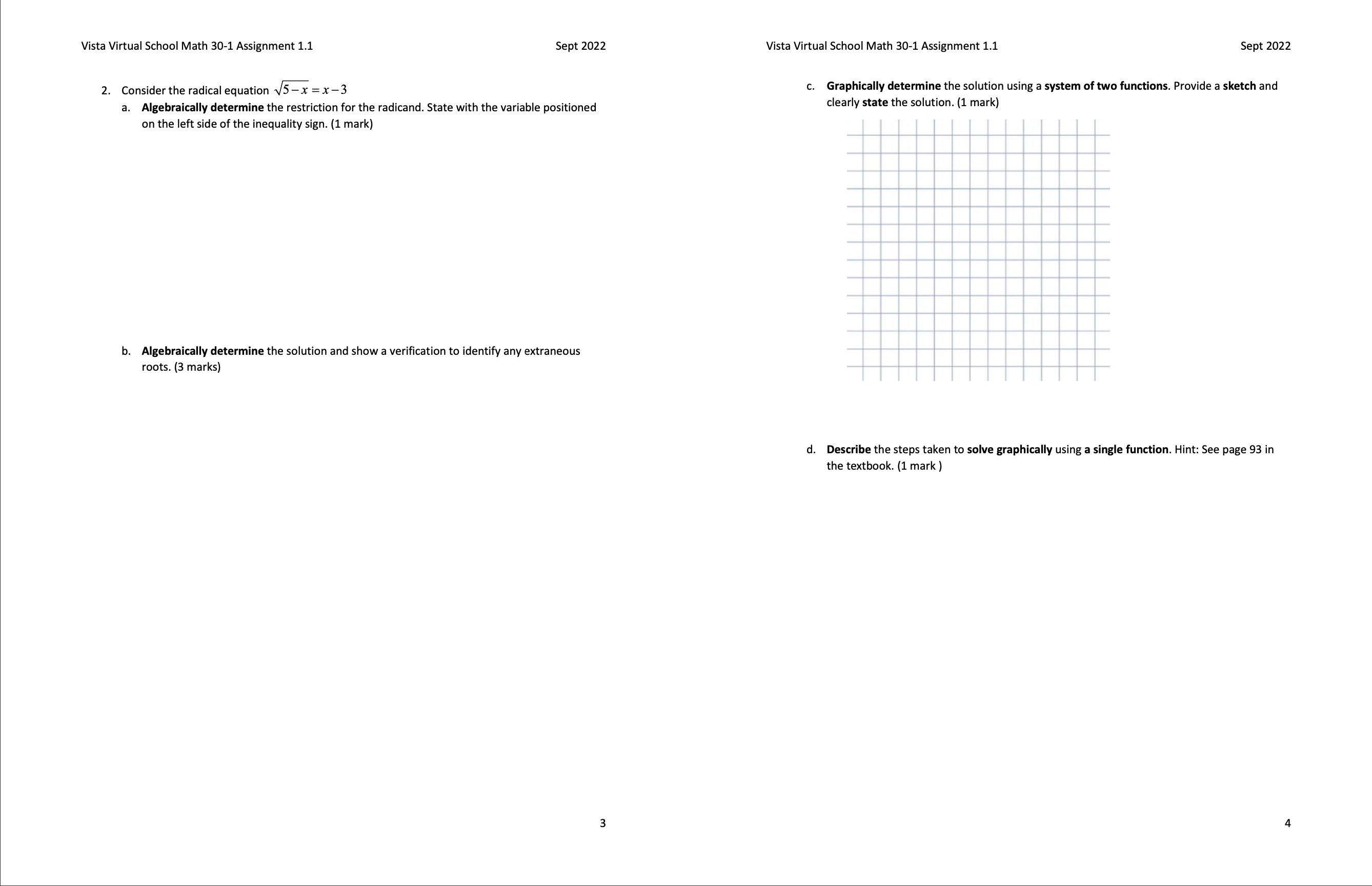 Vista Virtual School Math 30-1 Assignment 1.1 Sept 2022 Vista Virtual