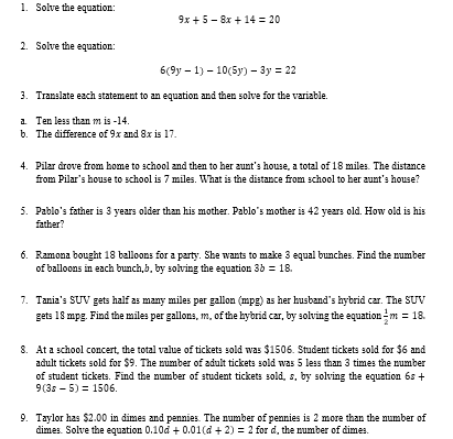  1. Solve the equation: 9x + 5 - 8x + 14