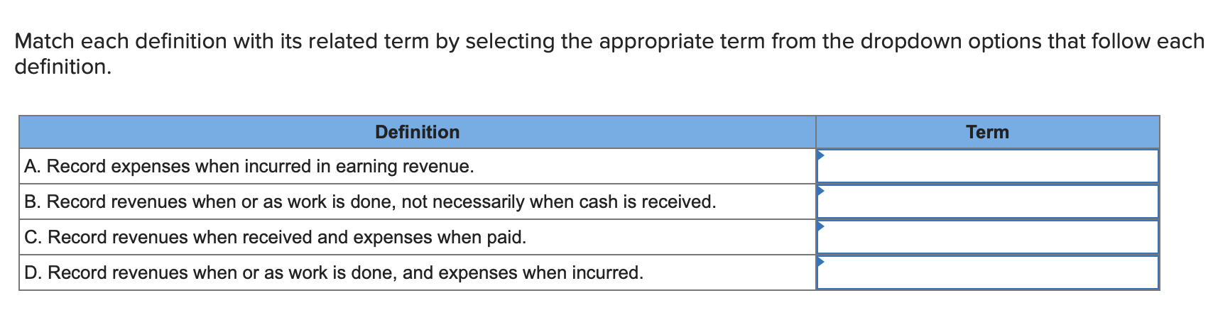 term from the dropdown options that follow each definition. 