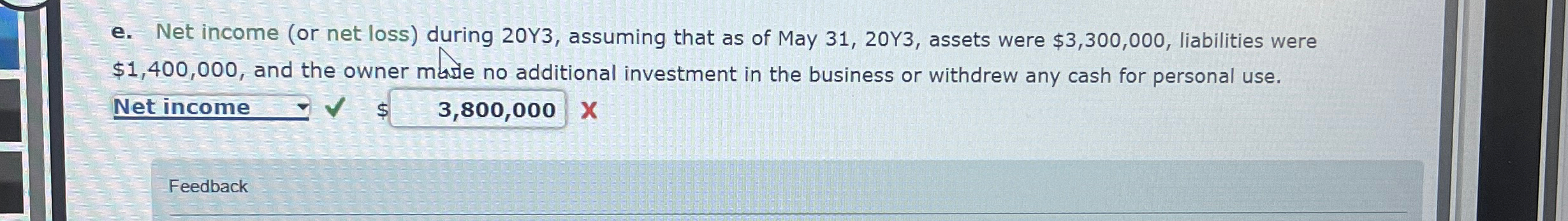e. Net income (or net loss) during 20Y3, assuming that as
