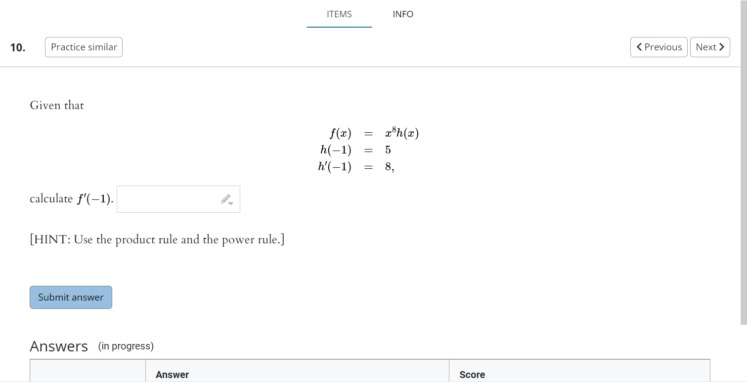 HW 7: Product and Quotient Rules Differentiation man ITEMS INFO 14. '