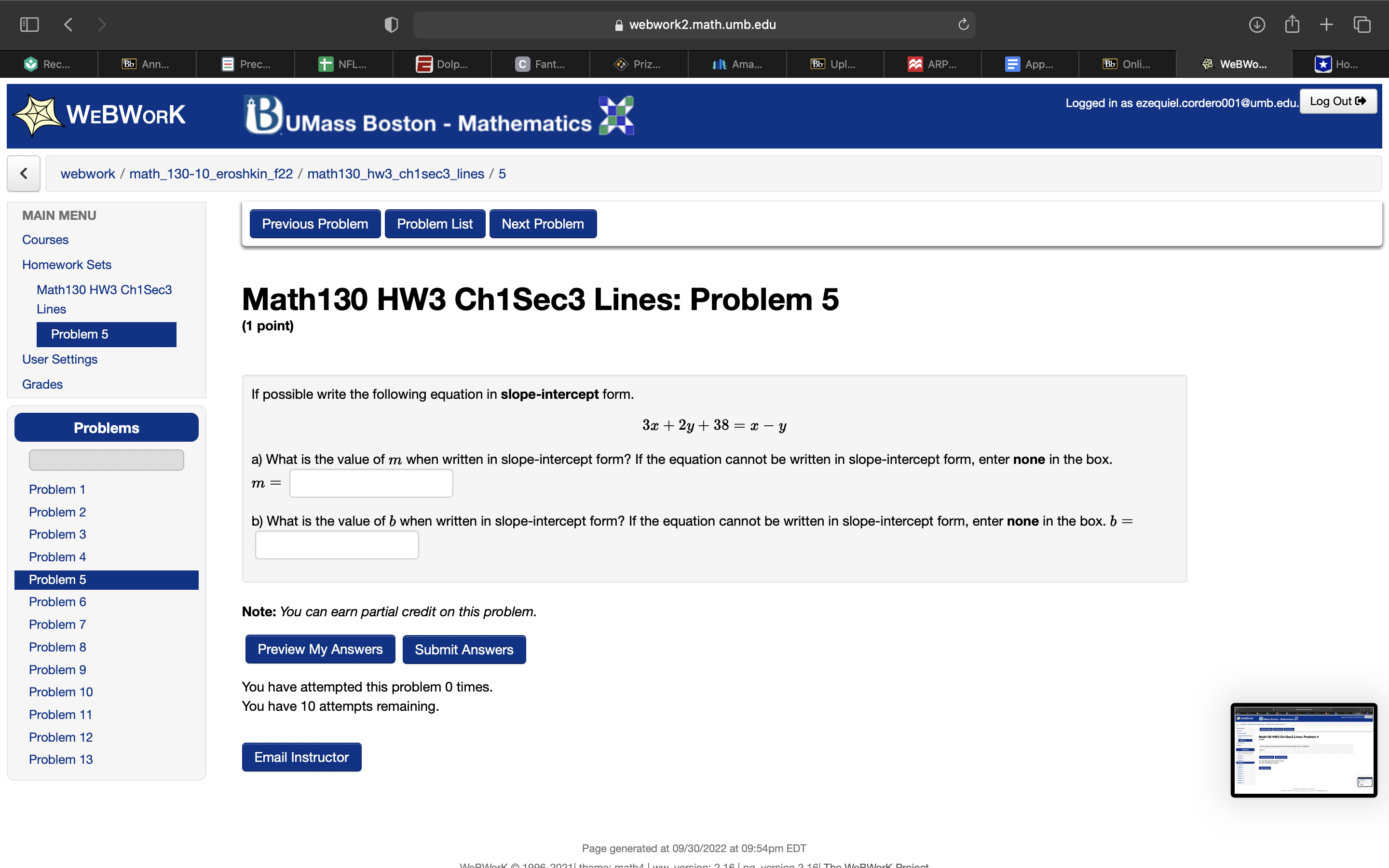 in as ezequiel.cordero001@umb.edu. Log Out C WEBWORK BUMass Boston - Mathematics webwork