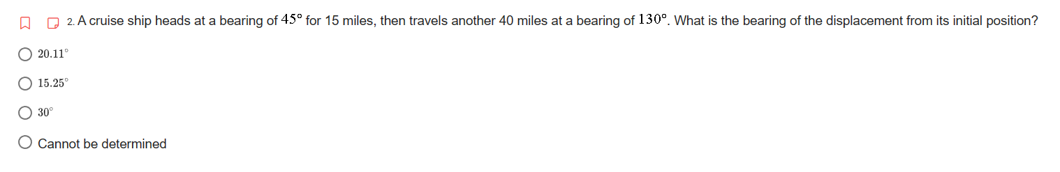 heads at a bearing of 45 for 15 miles, then travels another