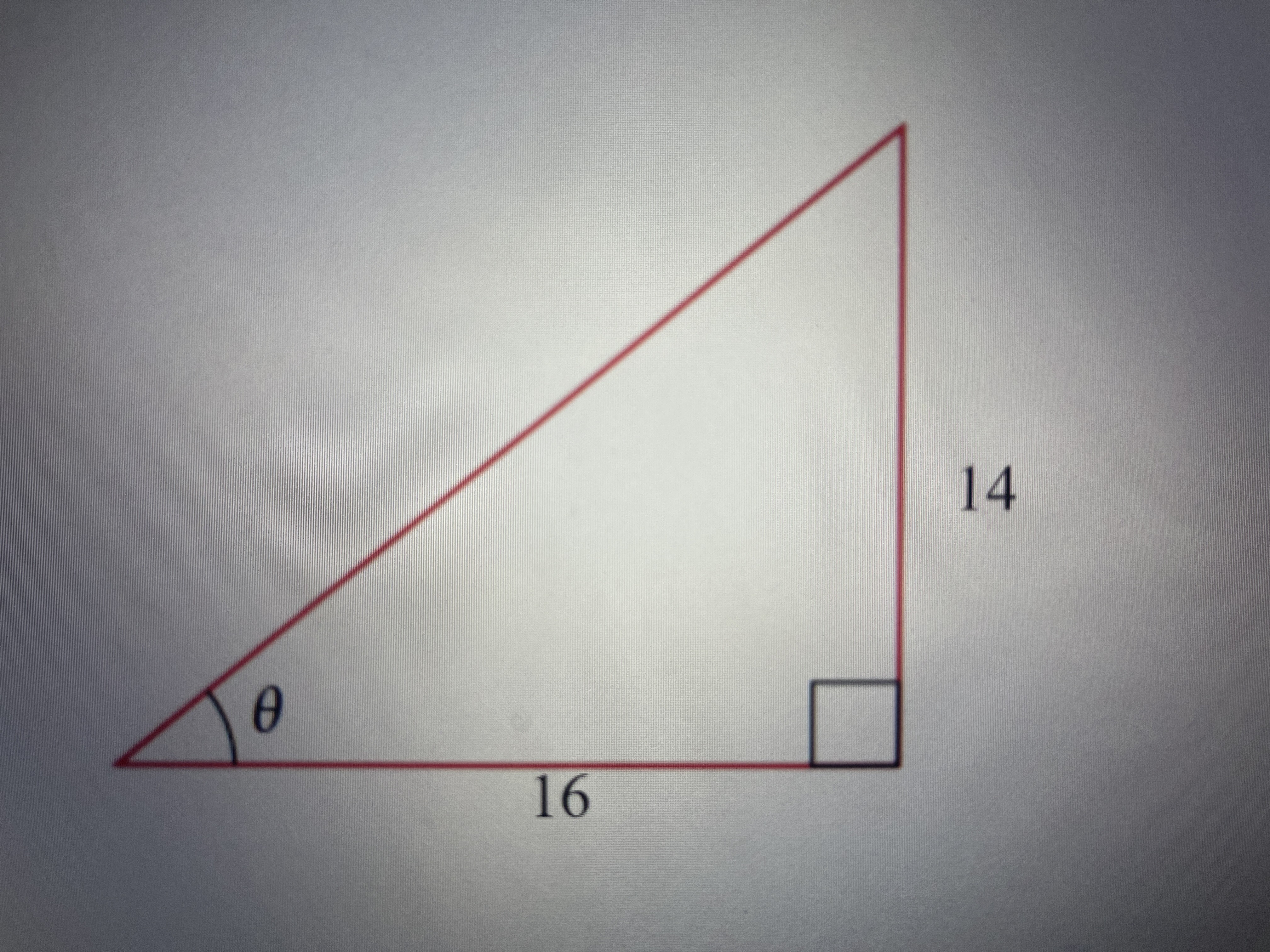 Find the angle , in radians, in the given right triangle.