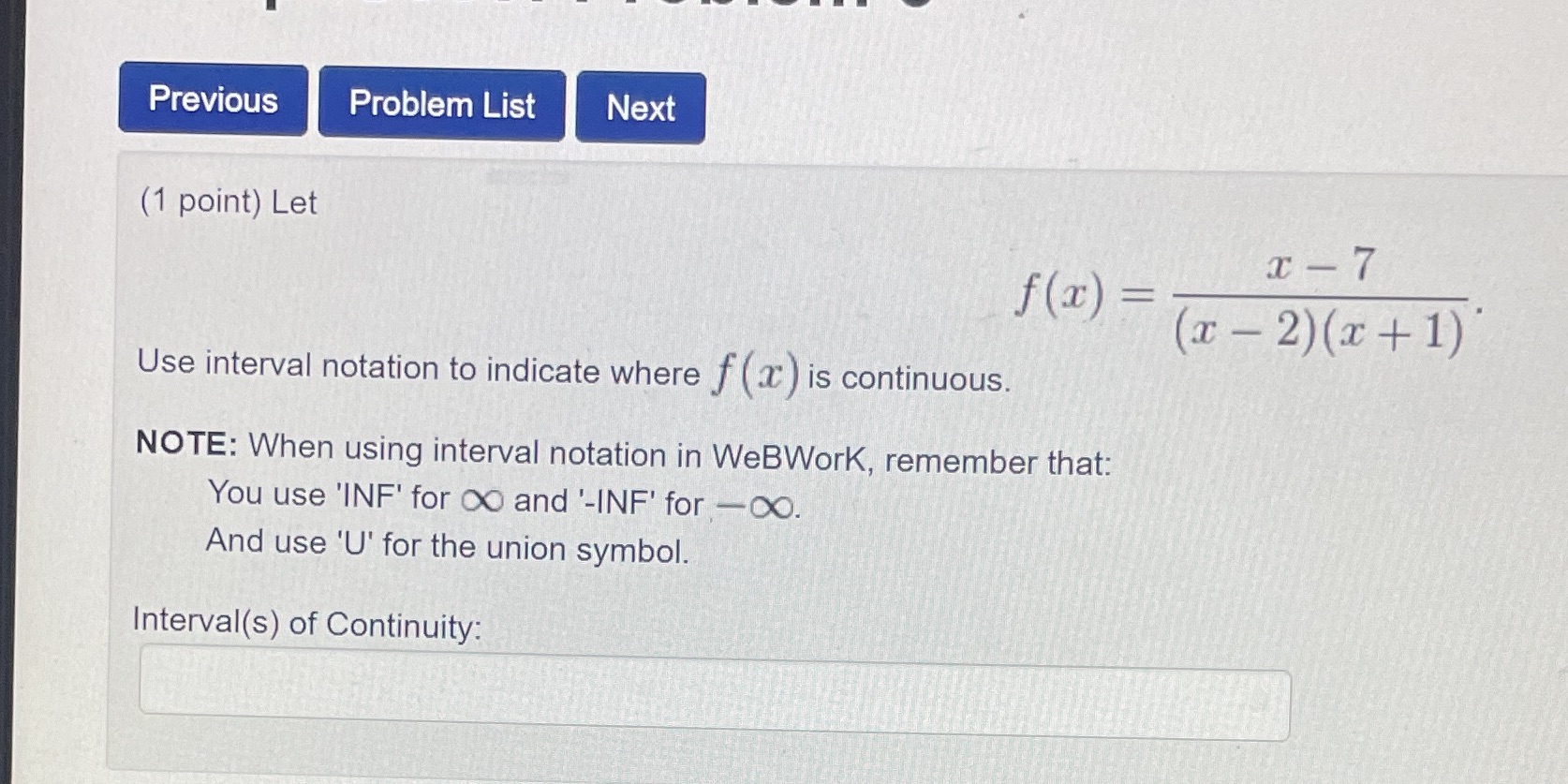 Previous Problem List Next (1 point) Let x - 7 f(x)