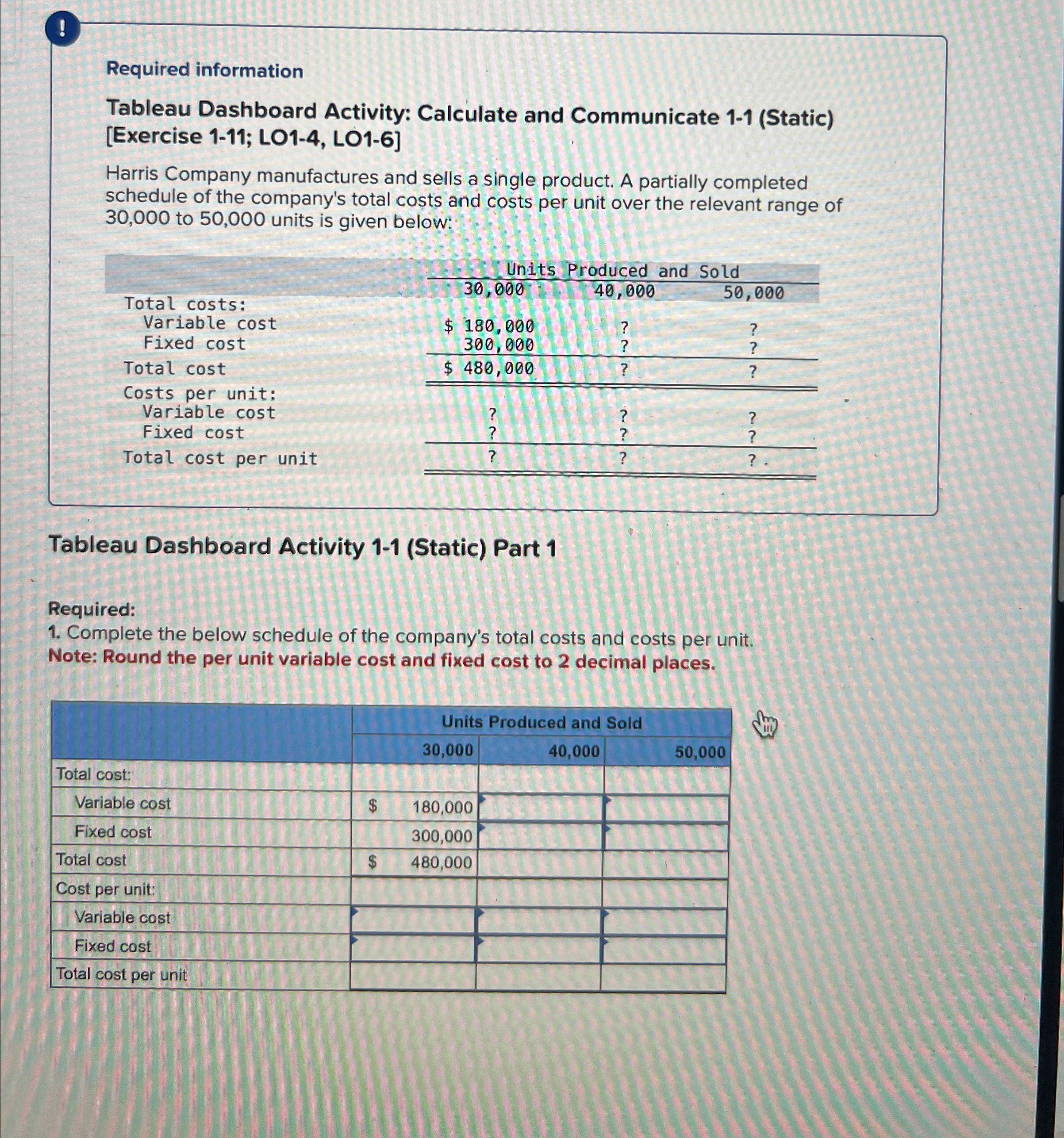 Required information Tableau Dashboard Activity: Calculate and Communicate 1-1(Static)[Exercise 1-11; L01-4,