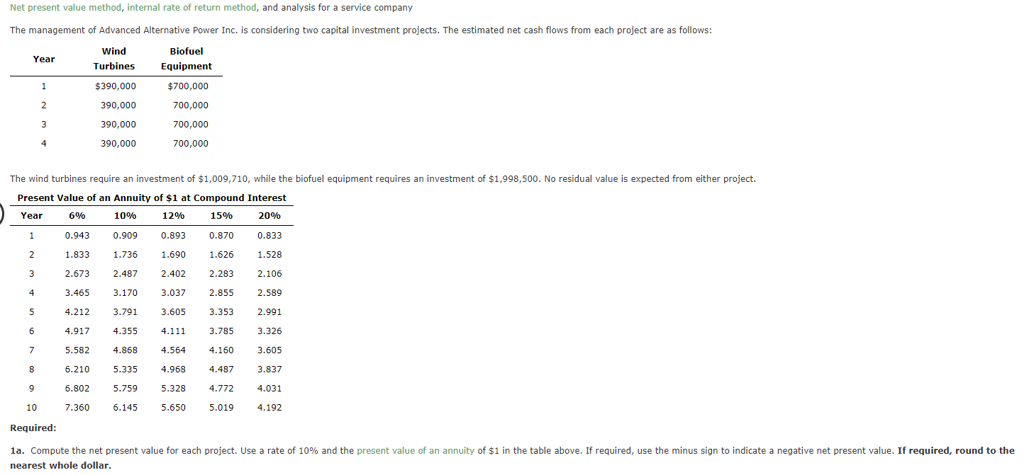 nearest whole dollar. 1b. Compute a present value index for each