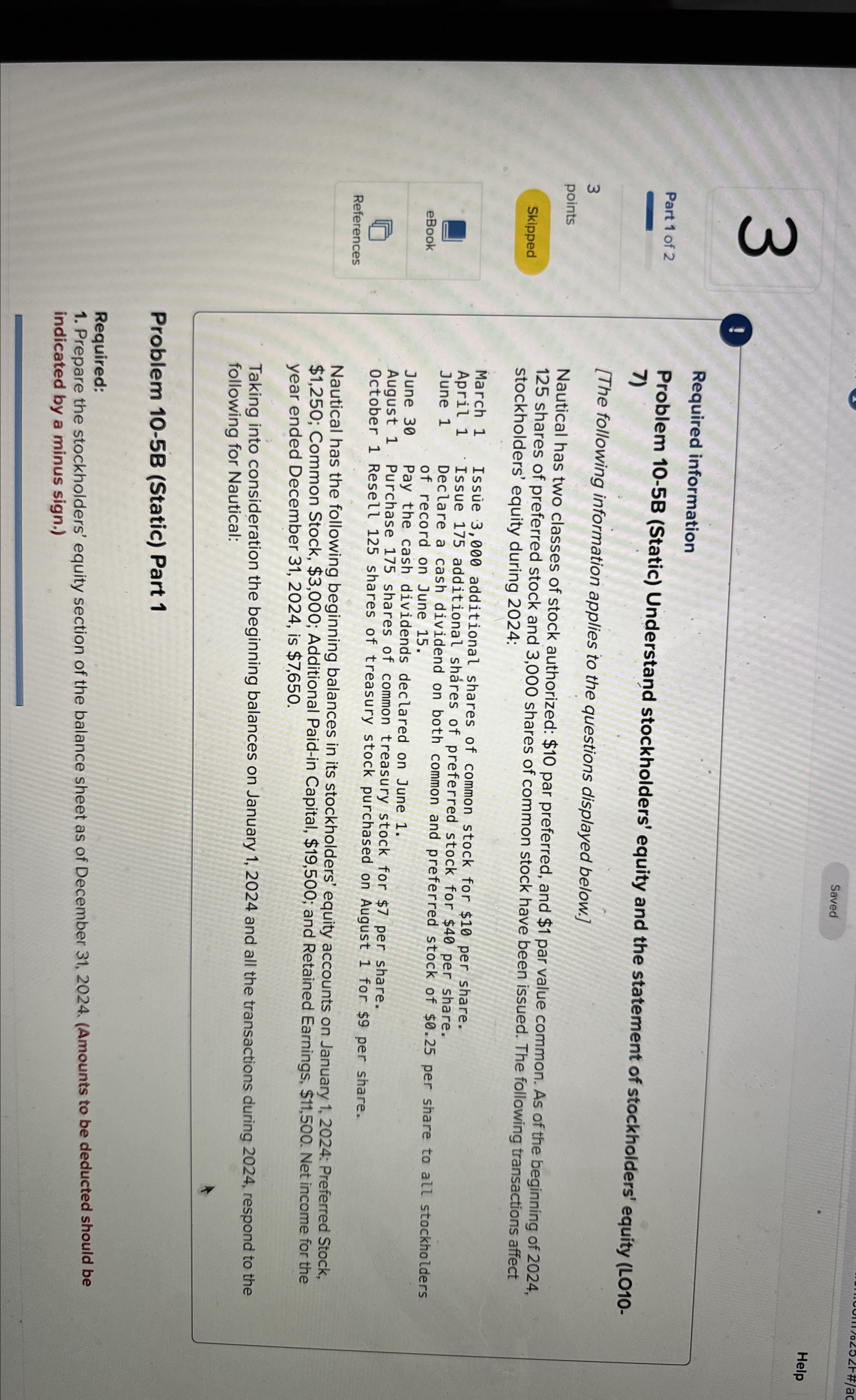  Saved Help Part 1 of 2 Required information Problem 10-5B (Static)