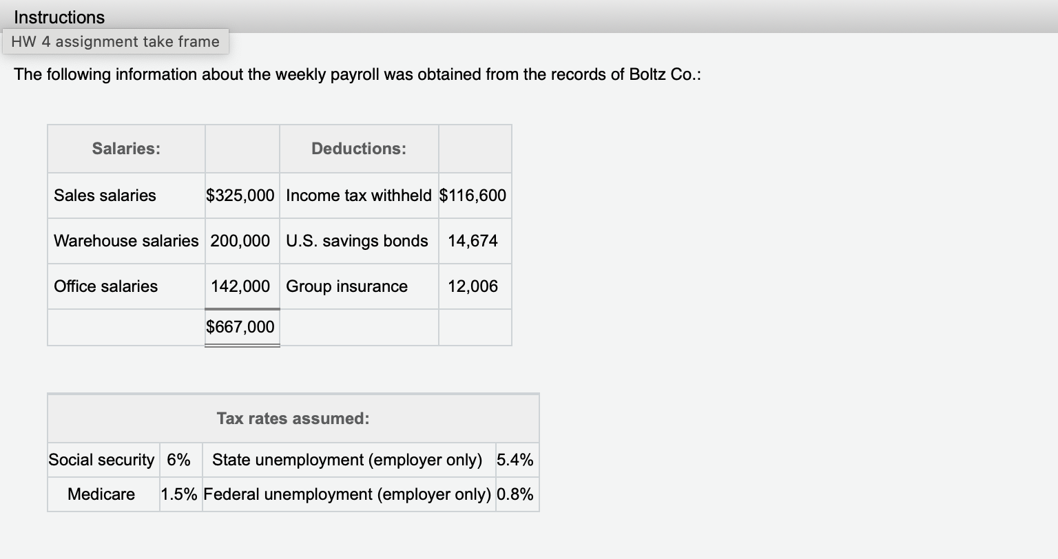  HW4 assignment take frame Assuming that the payroll related to the