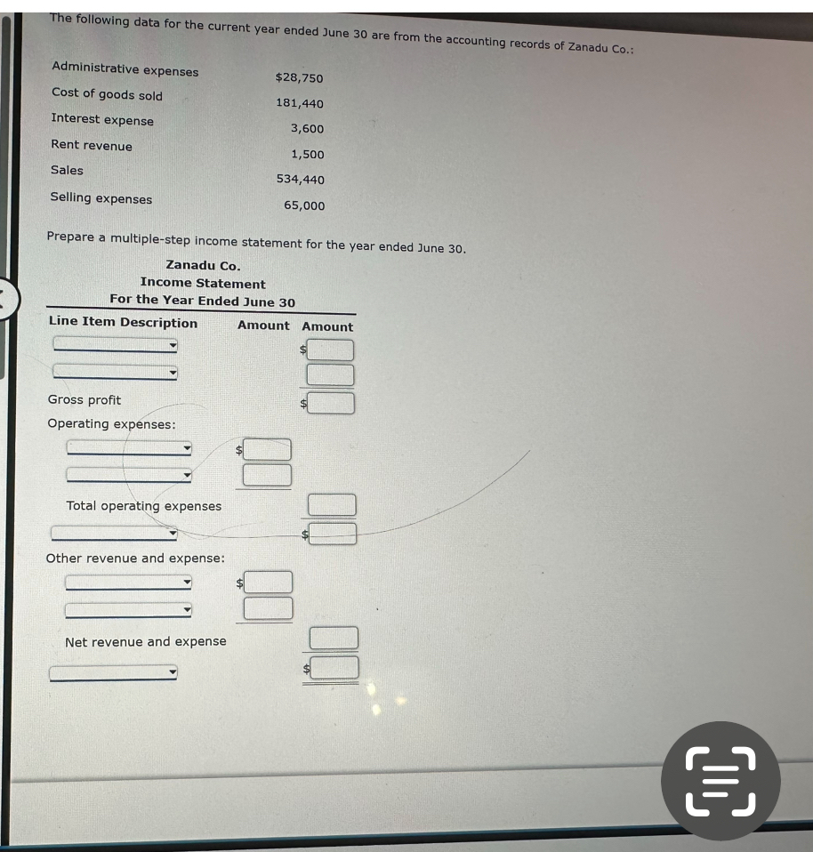 from the accounting records of Zanadu Co.: \table[[Administrative expenses,$28,750 