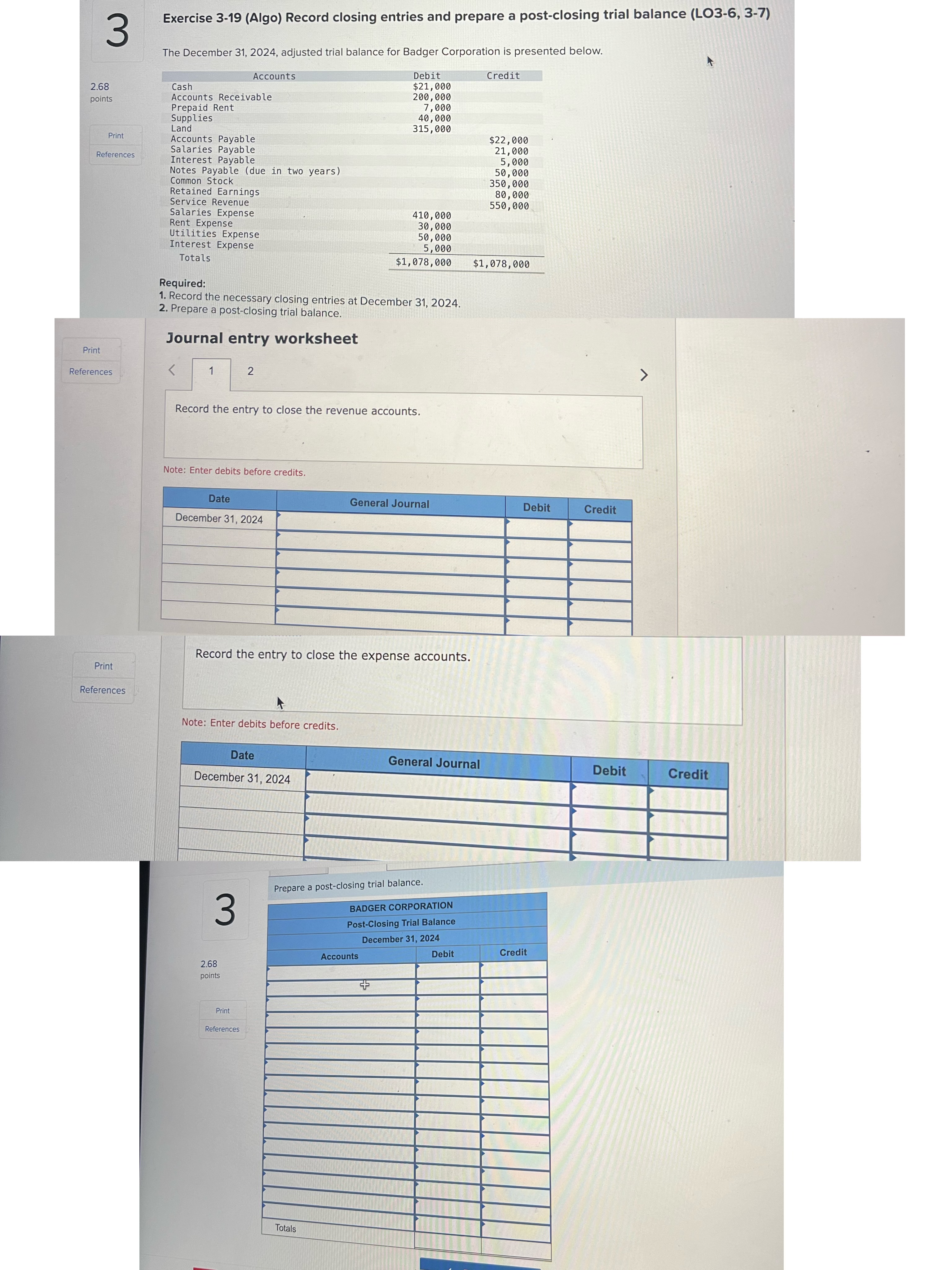 balance (LO3-6,3-7) The December 31,2024, adjusted trial balance for Badger Corporation is
