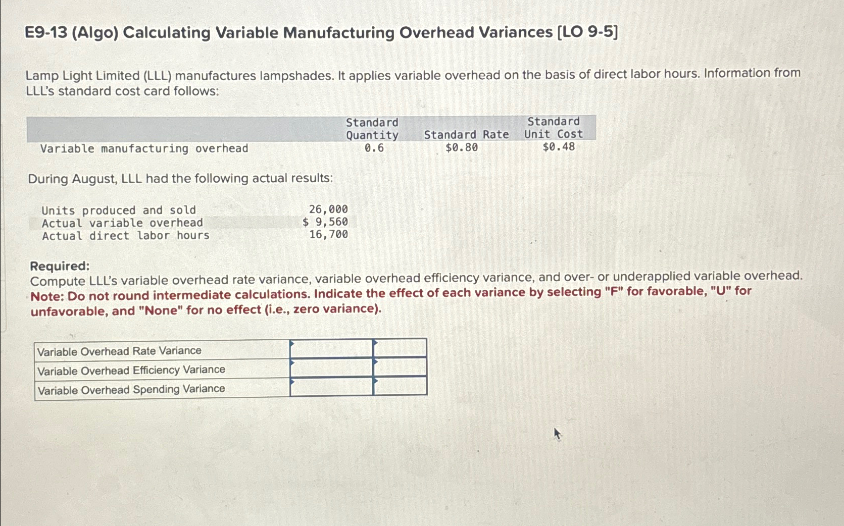  E9-13(Algo) Calculating Variable Manufacturing Overhead Variances [LO 9-5] Lamp Light Limited