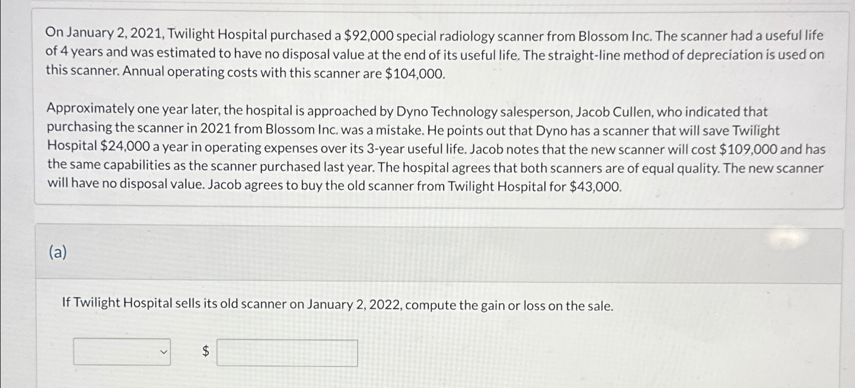On January 2,2021, Twilight Hospital purchased a $92,000 special radiology scanner