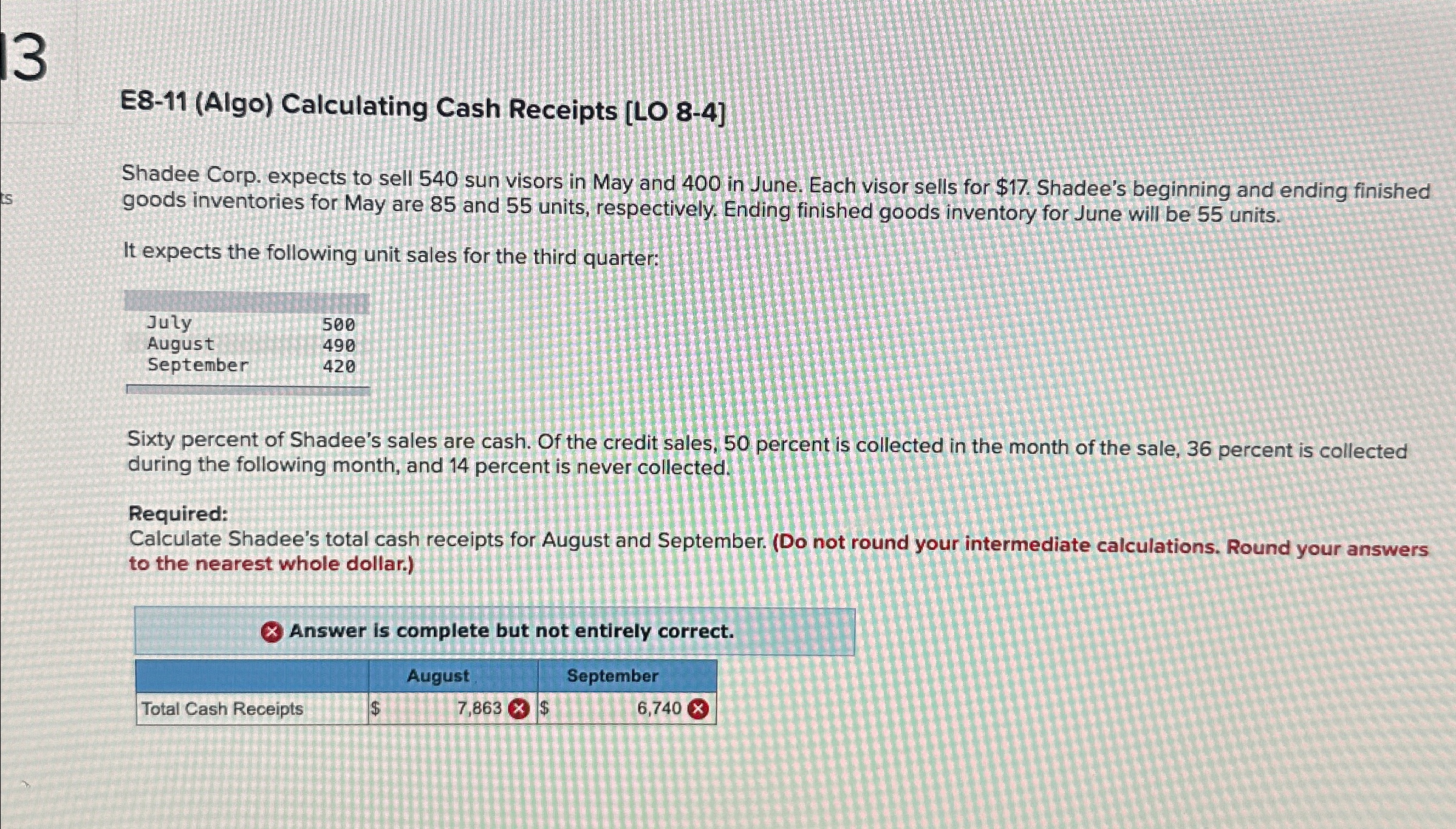  E8-11(Algo) Calculating Cash Receipts [L08-4] Shadee Corp. expects to sell 540