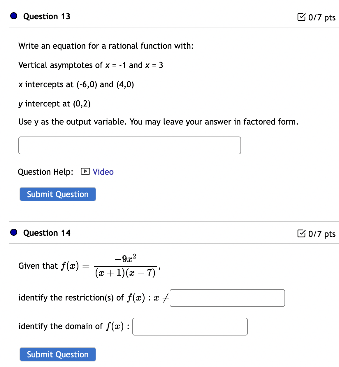 rational function with: Vertical asymptotes of x = -1 and x =
