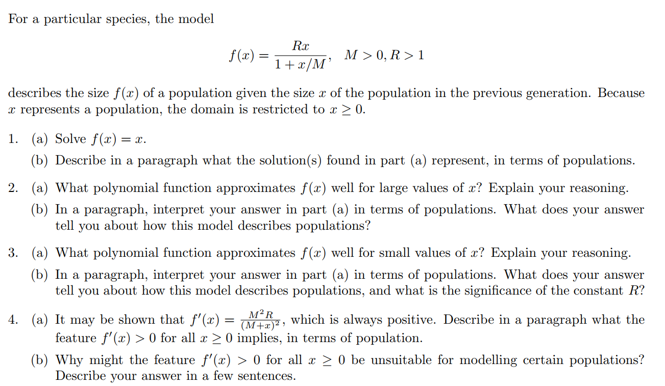 x) 1+x/M' >0*R> describes the size f($) of a population given the