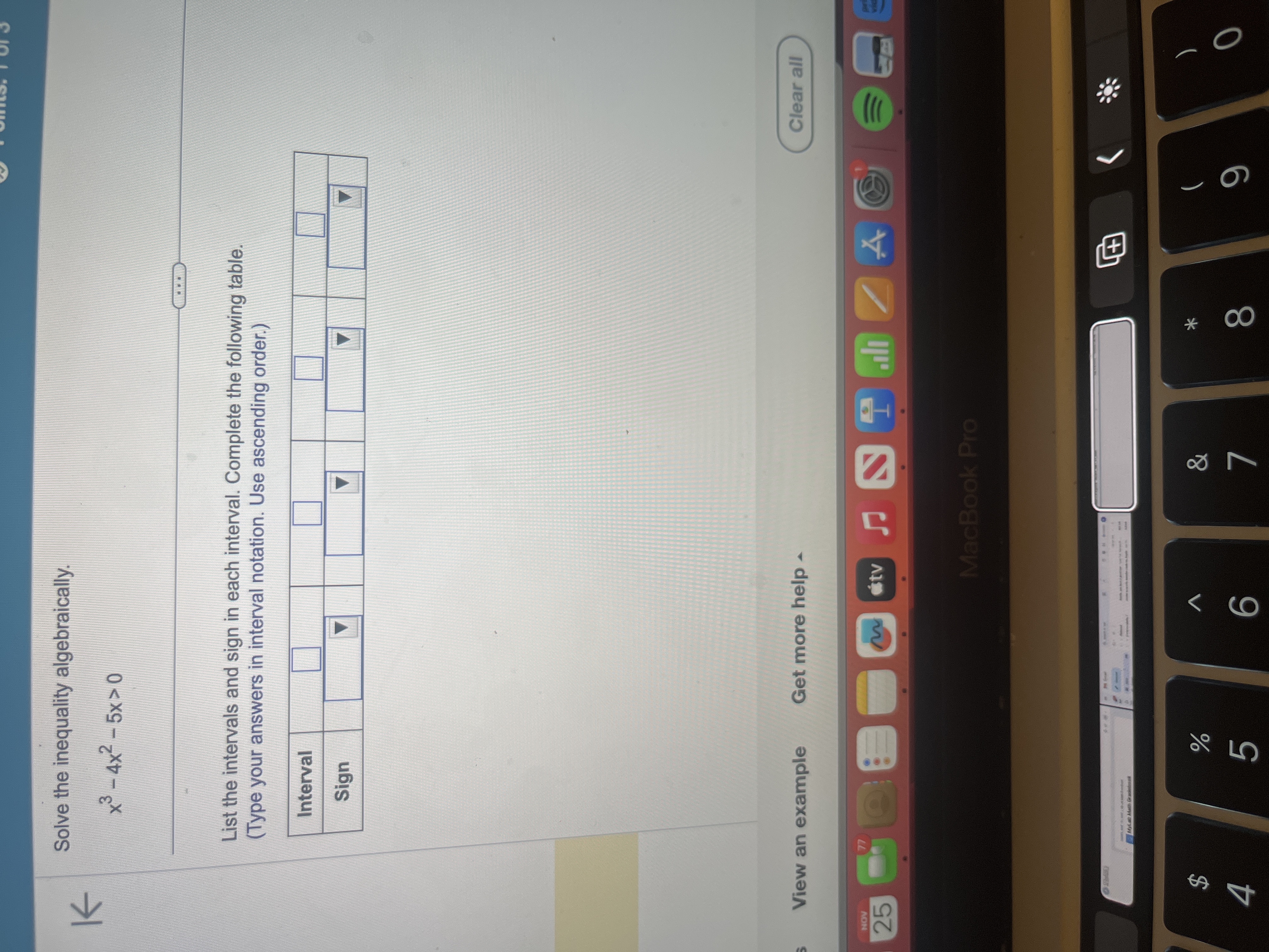 intervals and sign in each interval. Complete the following table. (Type your