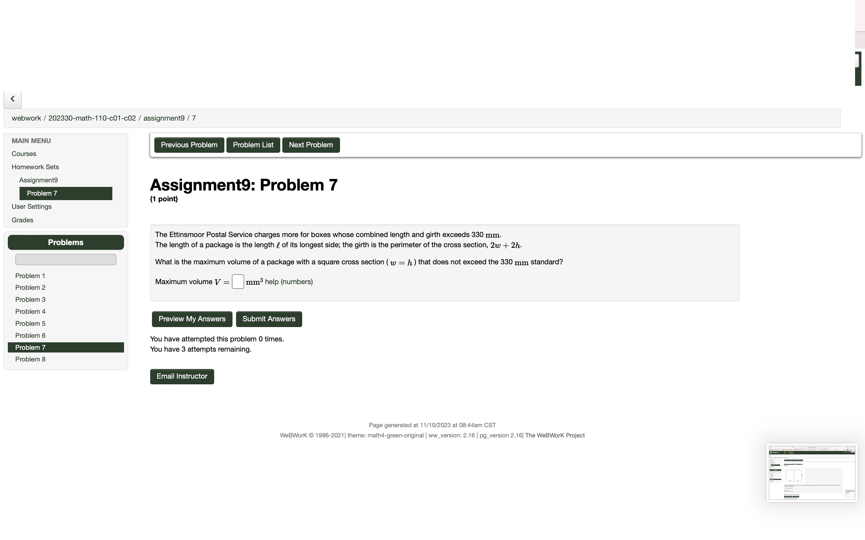 3 attempts remaining. Problem 6 Problem 7 Email Instructor Problem 8 Page