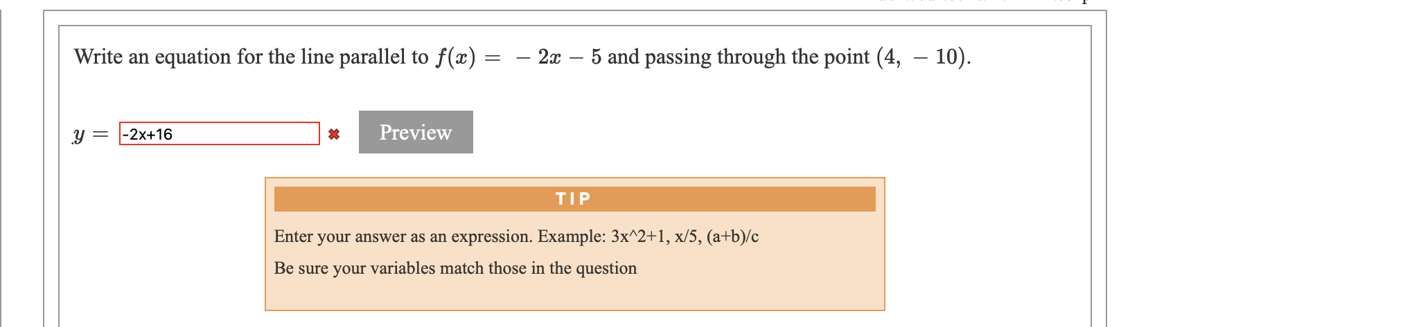+ 4). Preview Enter your answer as an equation. Example: y=3xA2+1, 2+x+y=3