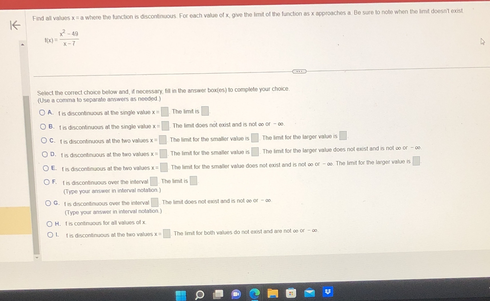 For each value of x, give the limit of the function as