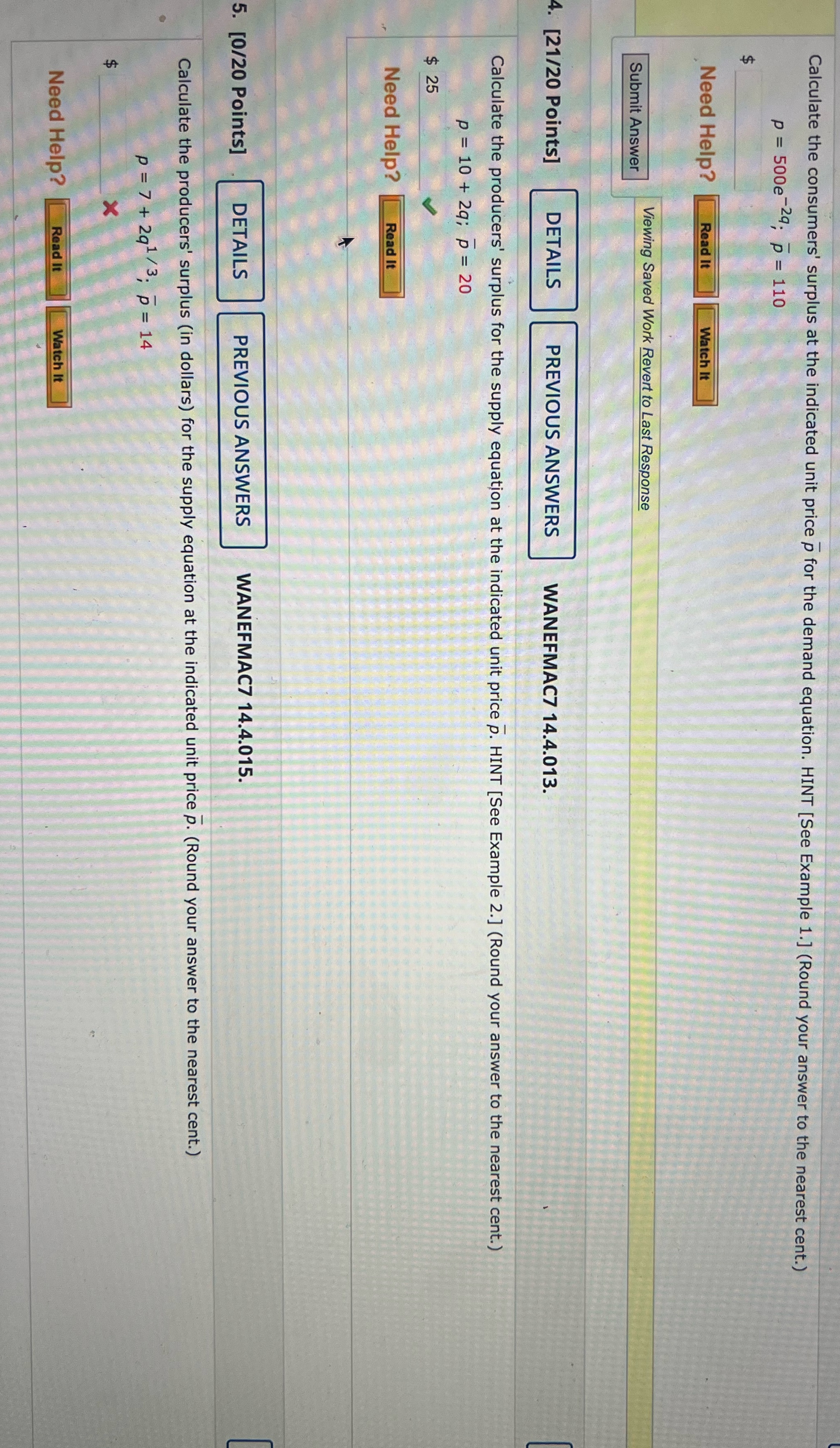 surplus at the indicated unit price p for the demand equation. HINT