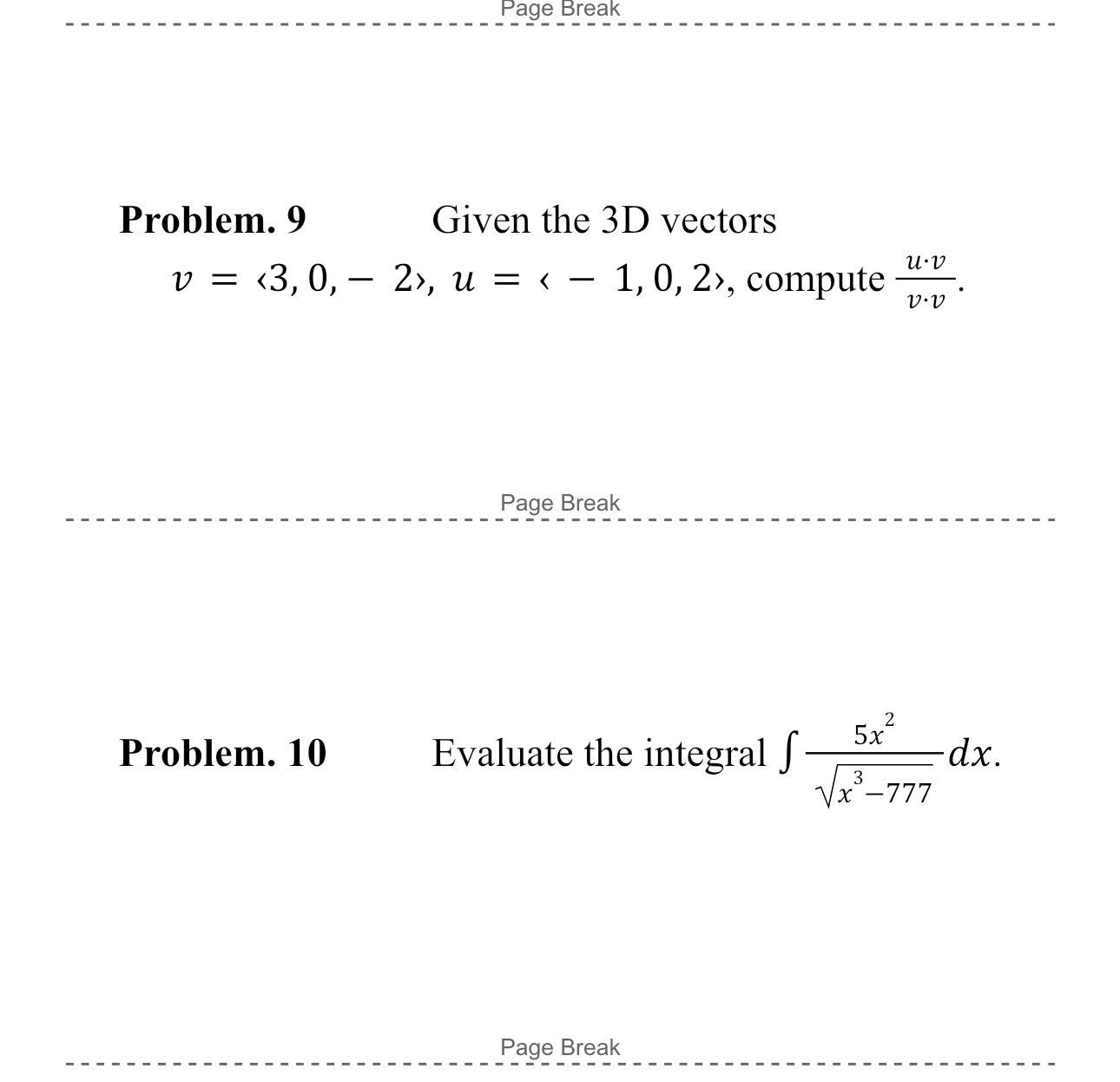u = , compute a.n v .V Page Break 2 Problem. 10