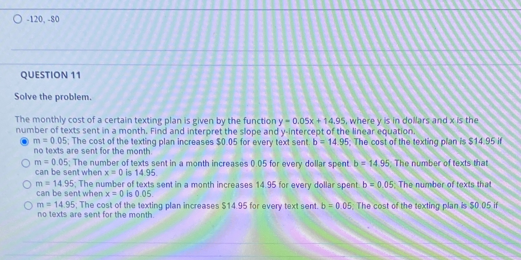 of a certain texting plan is given by the functiony = 0.05x