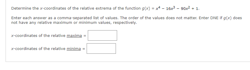 Determine the x-coordinates of the relative extrema of the function g(x) =