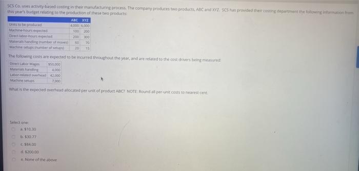 SCS Co. uses activity-based costing in their manufacturing process. The company
