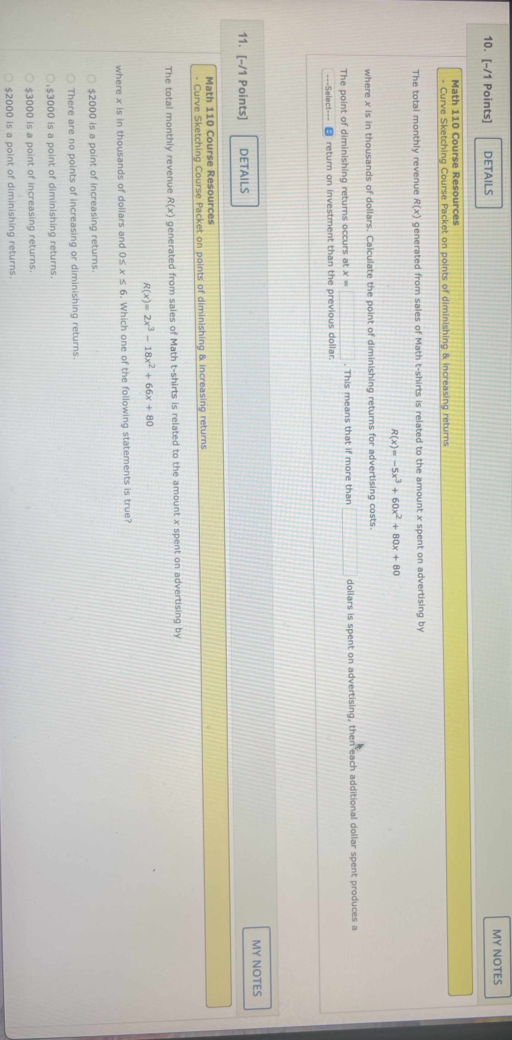 10,11 10. [-/1 Points] DETAILS MY NOTES Math 110 Course Resources