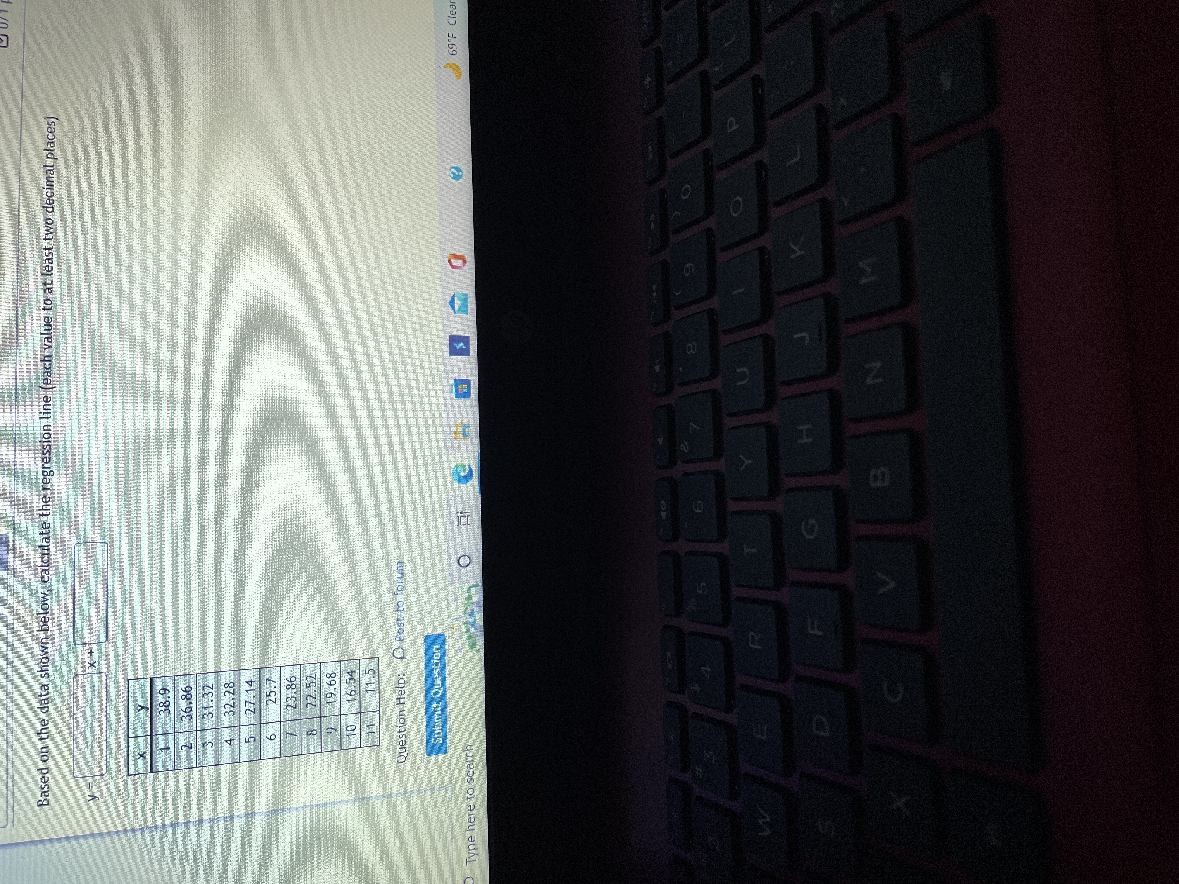 Based on the data shown below, calculate the regression line (each