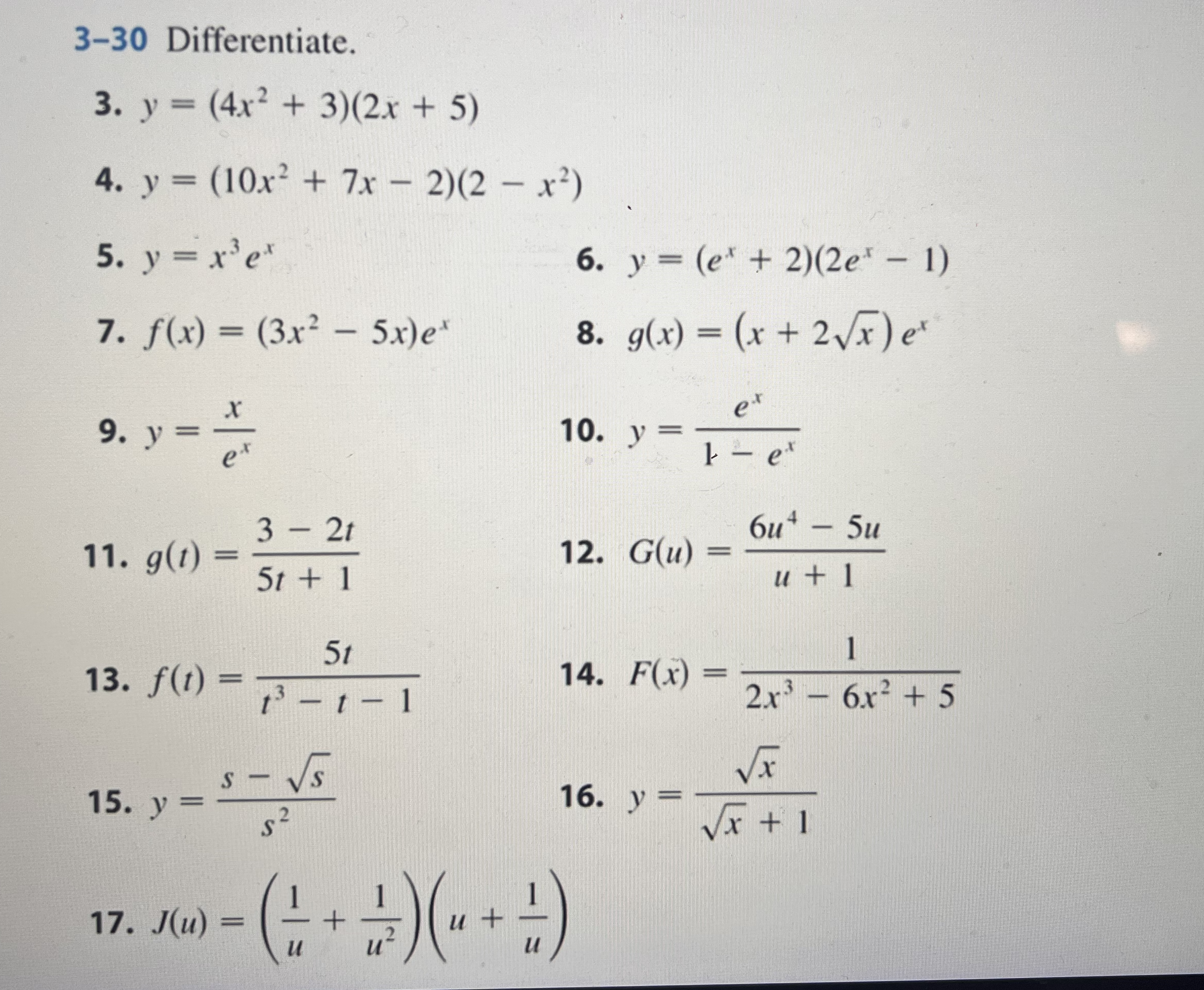 y = (10x2 + 7x -2)(2 - x2) 5. y = x'ex
