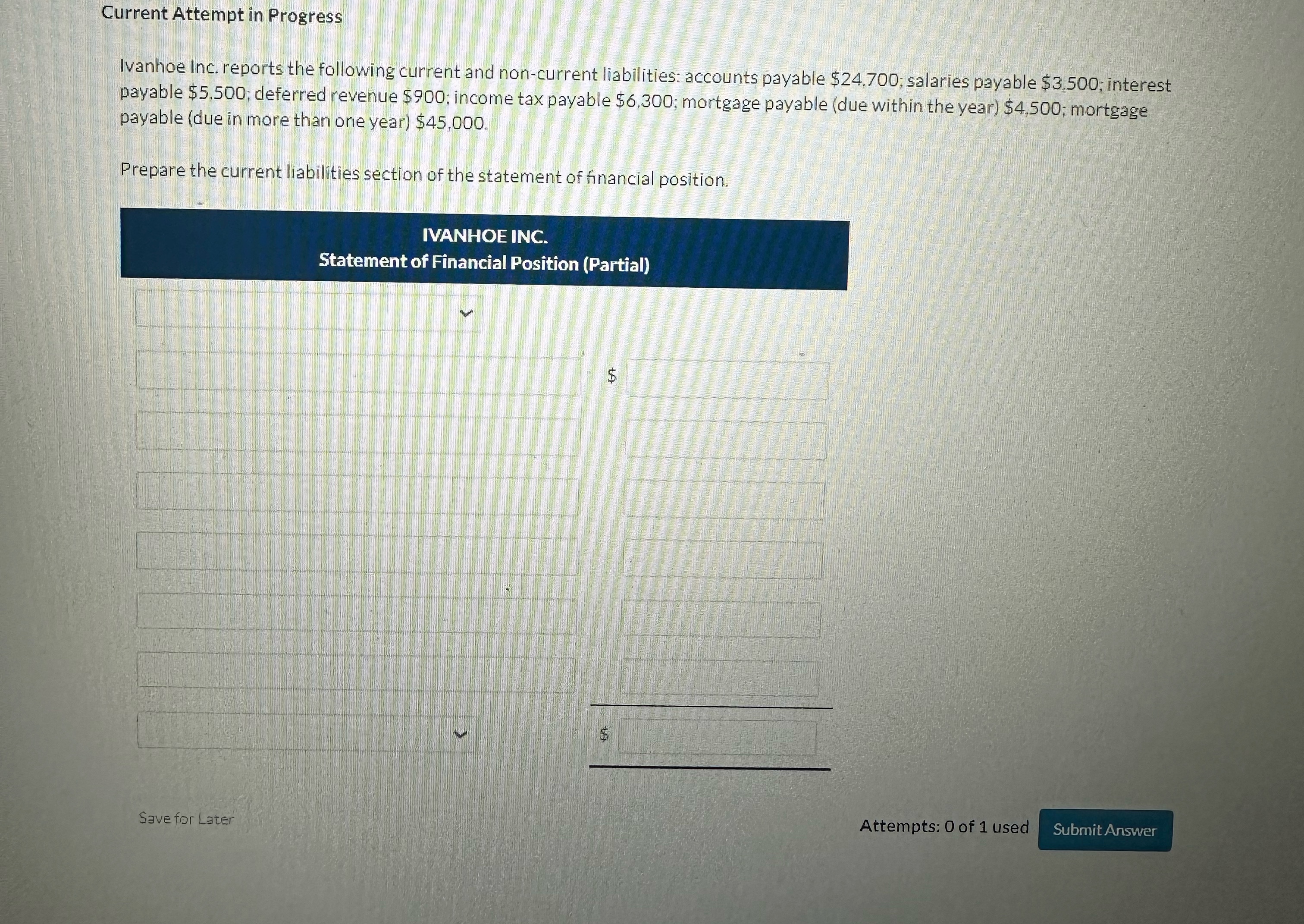 non-current liabilities: accounts payable $24,700; salaries payable $3,500; interest payable $5,500; deferred