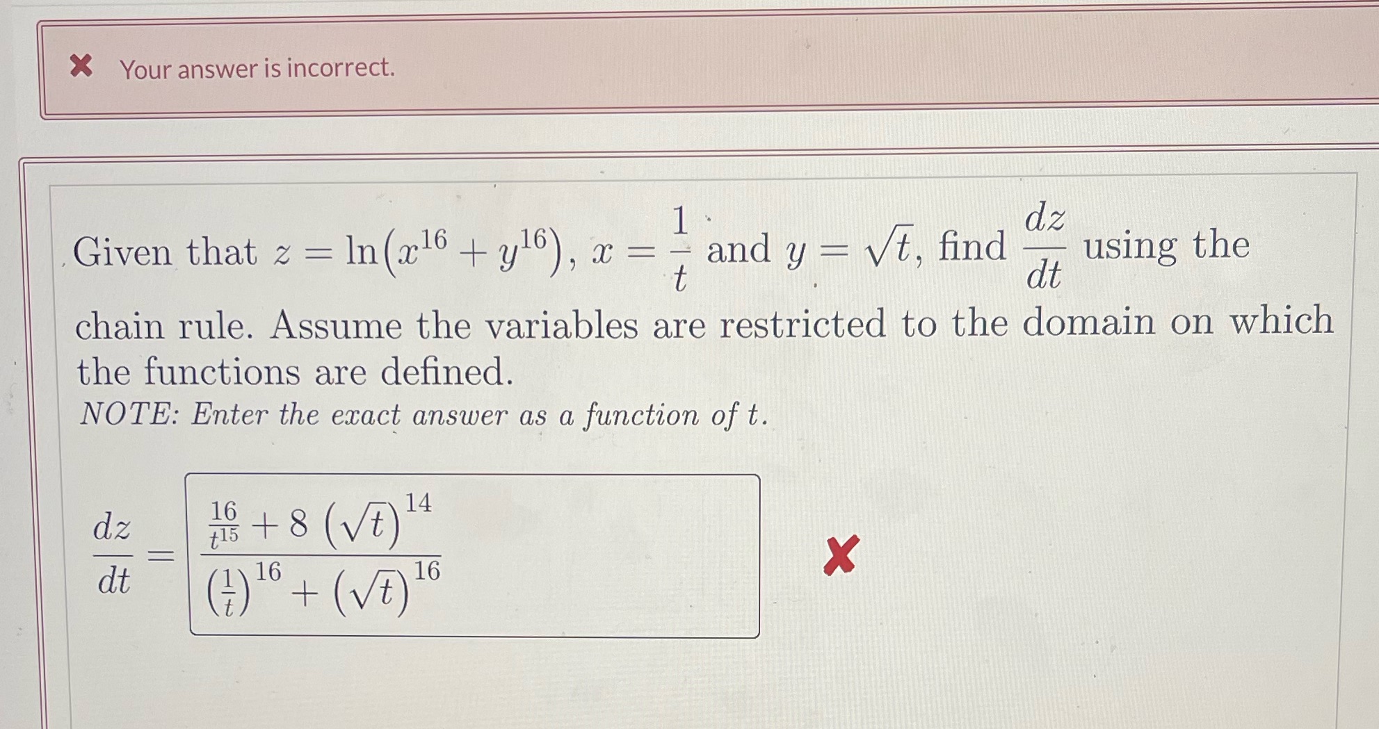 + y16), x = = and y = vt, find dz dt