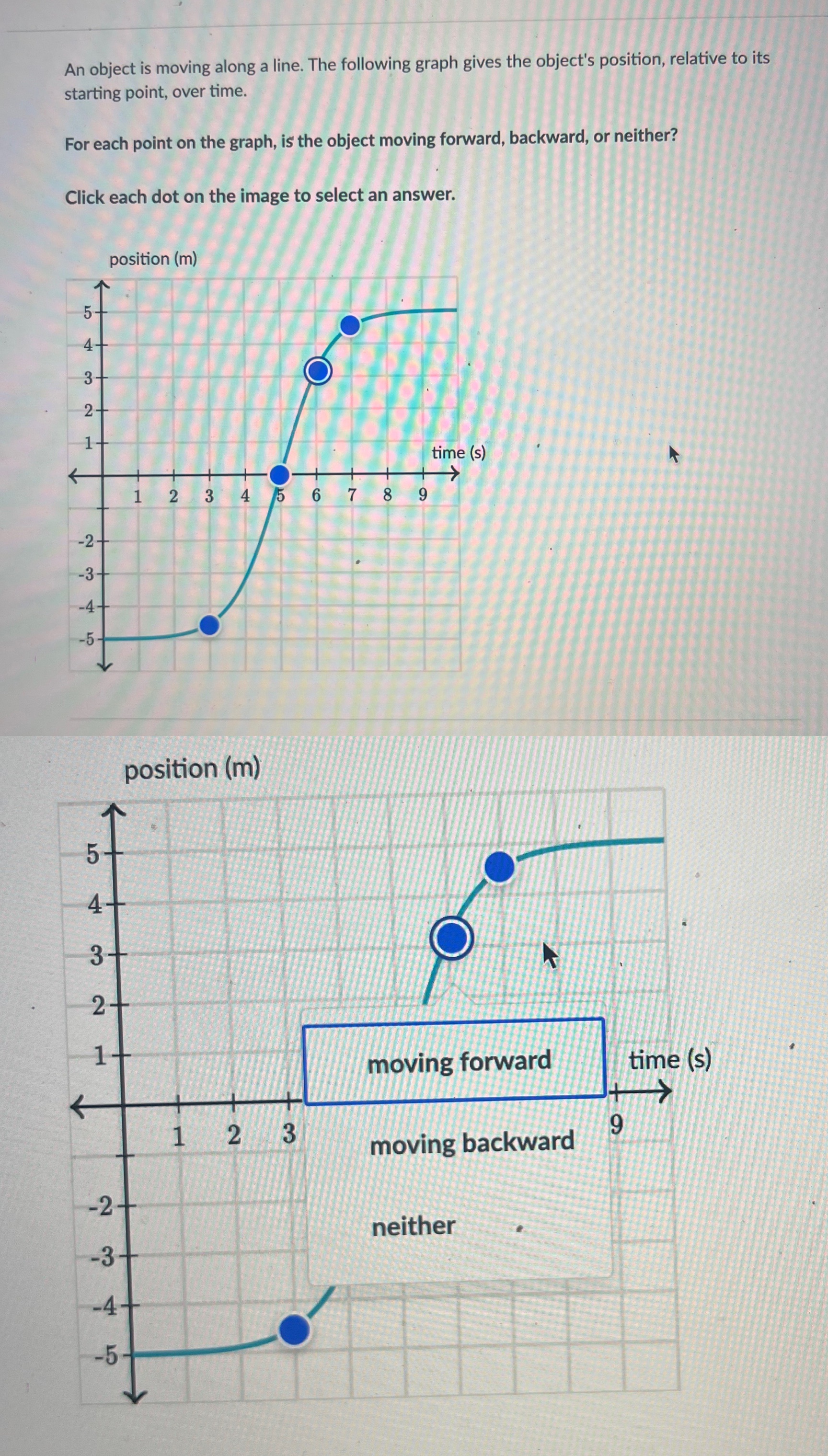 An object is moving along a line. The following graph gives