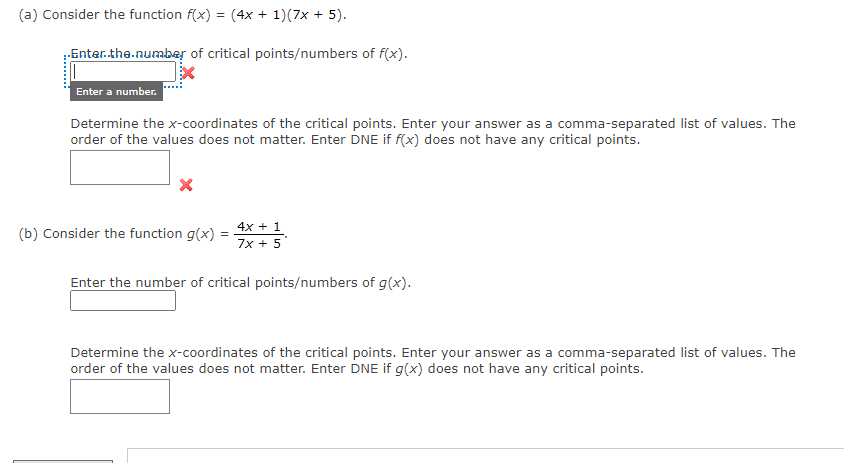 Enter the number of critical pointsumbers of f(x). EX Enter a number.