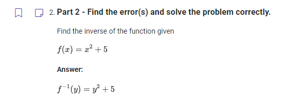 error(s) and solve the problem correctly. Find the inverse of the function
