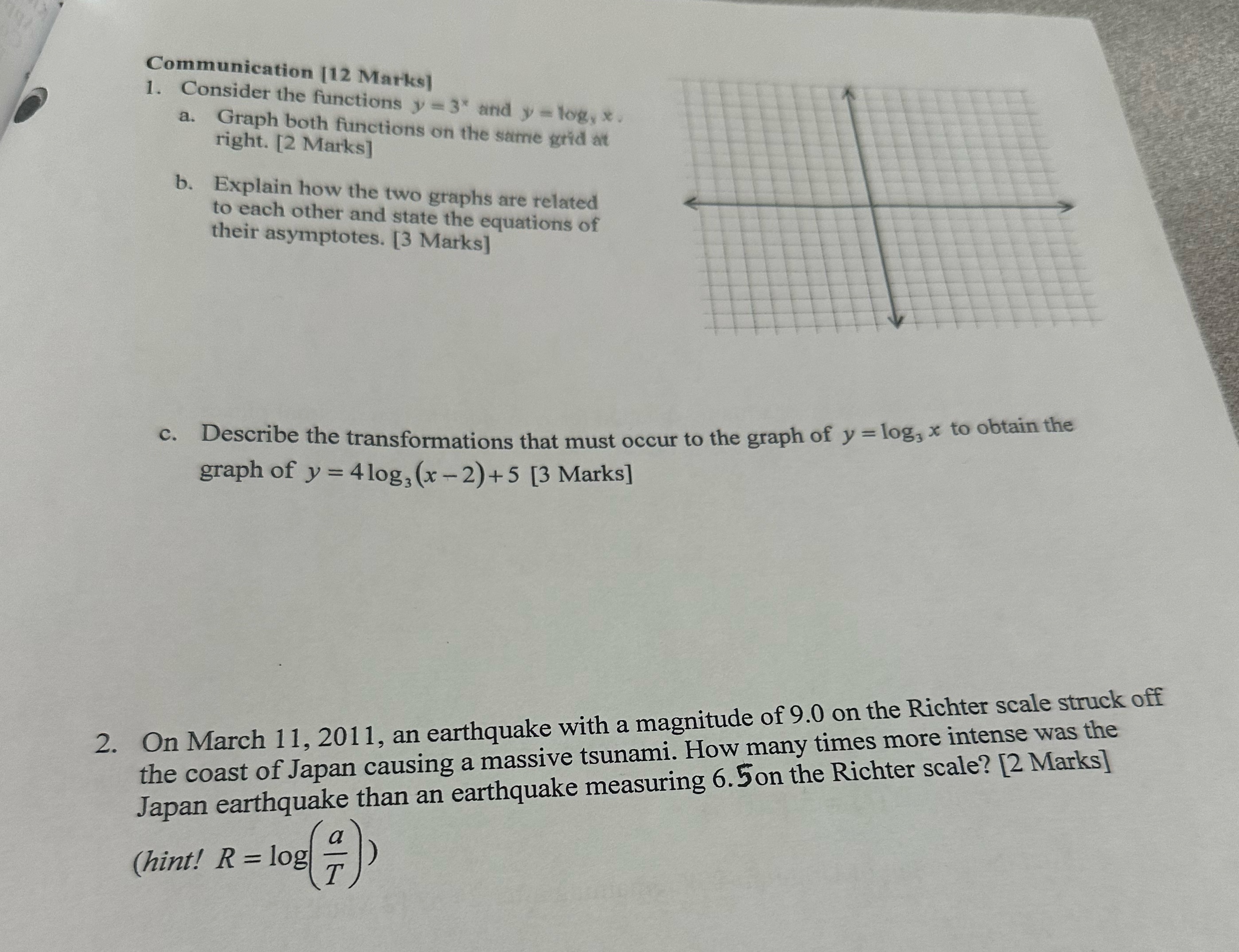y = log, x. a. Graph both functions on the same grid
