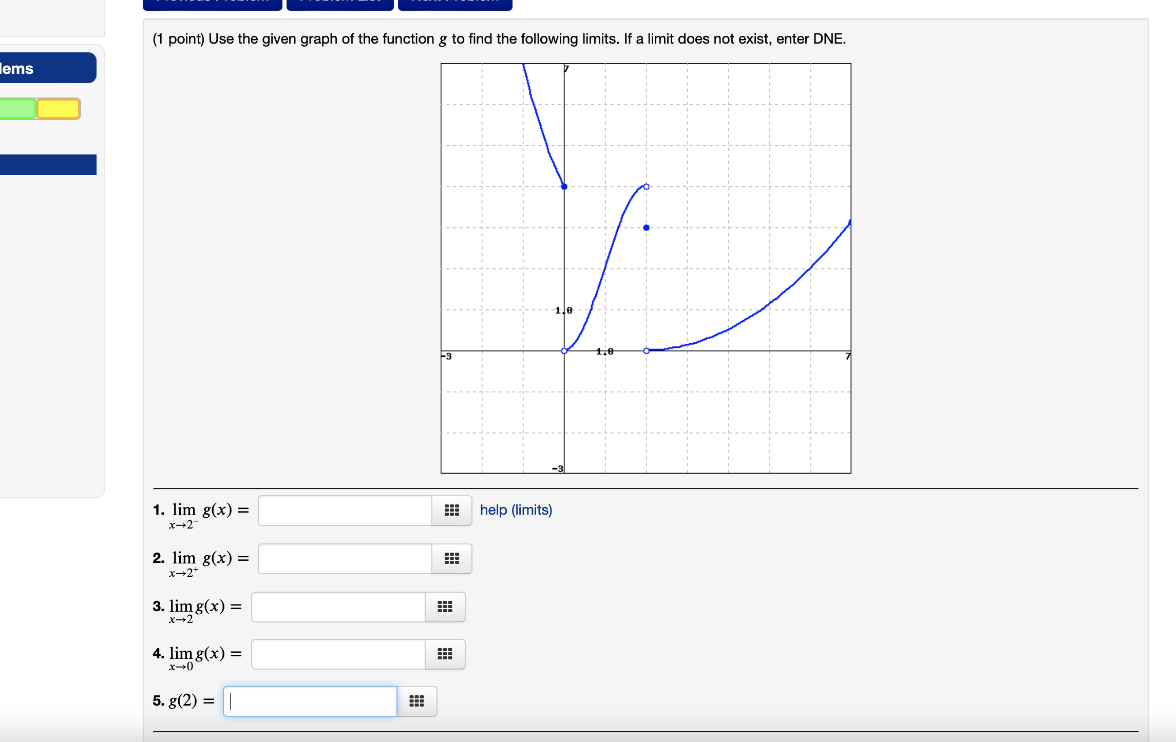 (1 point) Use the given graph of the function g to