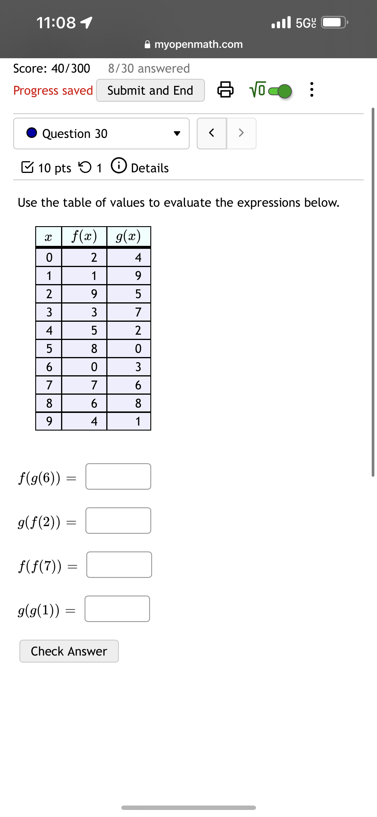 Submit and End (El 1'6 C. 0 Question 30 v B 10