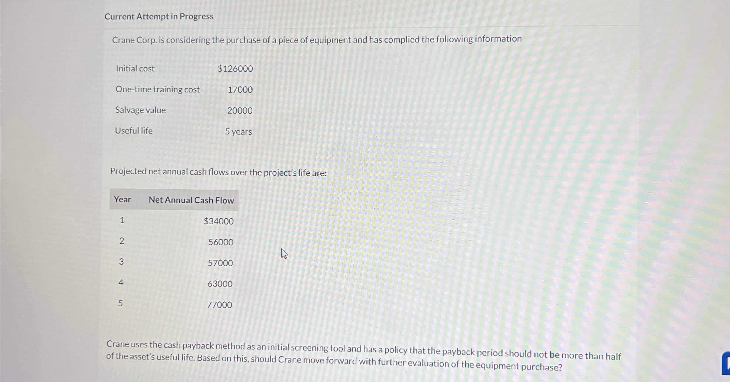 Current Attempt in Progress Crane Corp. is considering the purchase of