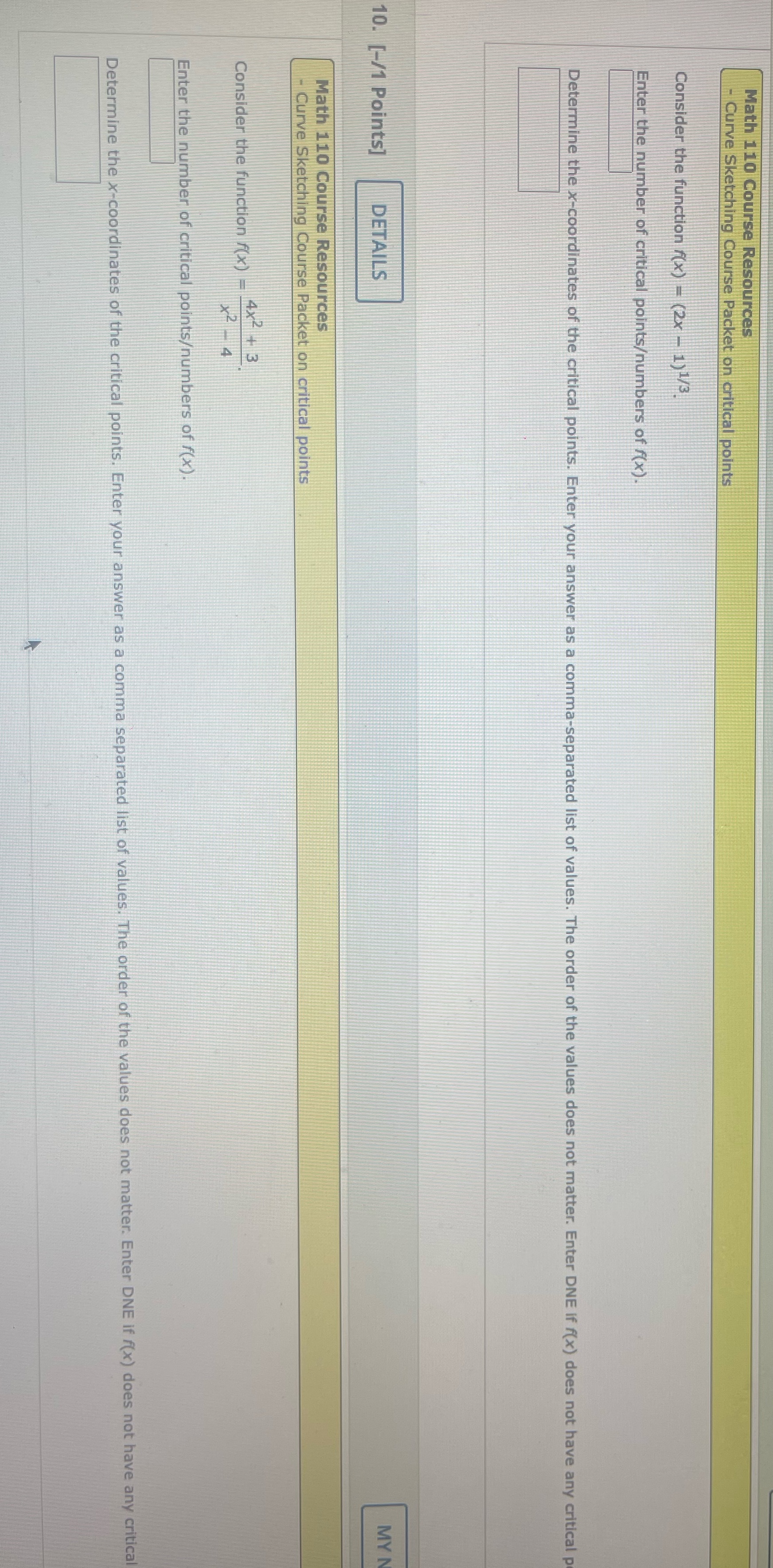  9,10 Math 110 Course Resources Curve Sketching Course Packet on critical