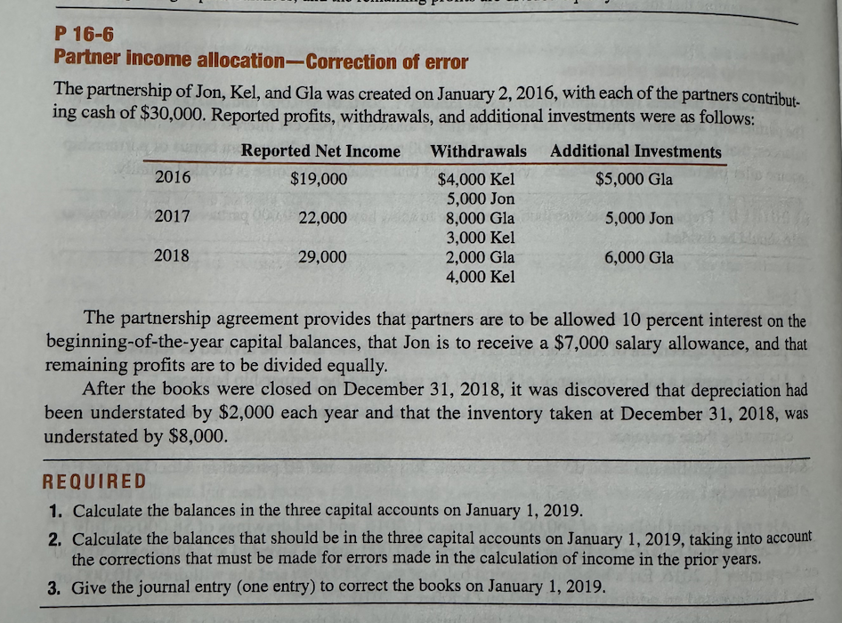 P 16-6 Partner income allocation-Correction of error The partnership of Jon,