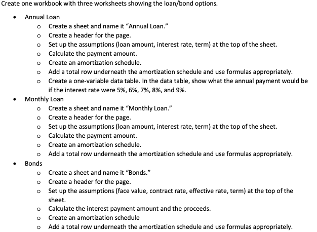 Create one workbook with three worksheets showing the loan/bond options. Annual