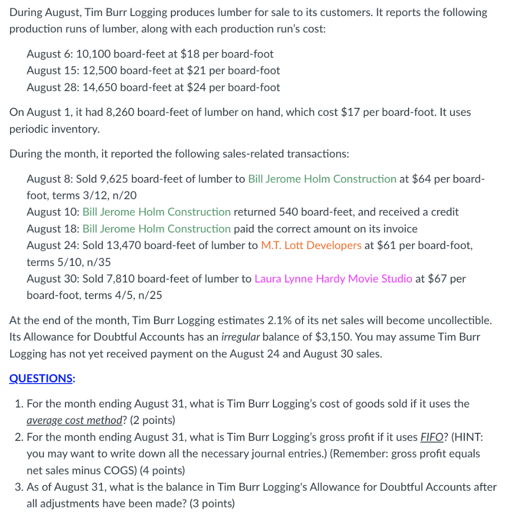 During August, Tim Burr Logging produces lumber for sale to its