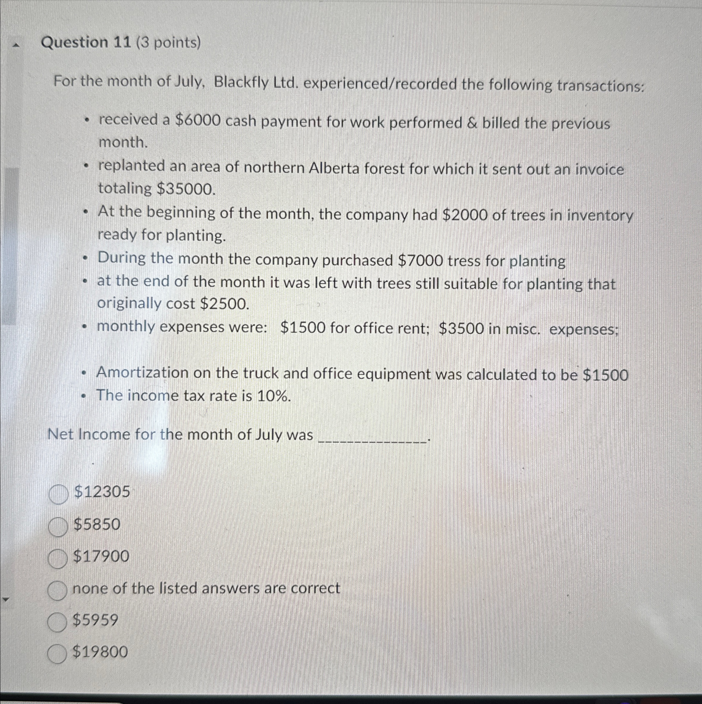 Question 11(3 points) For the month of July, Blackfly Ltd. experienced/recorded